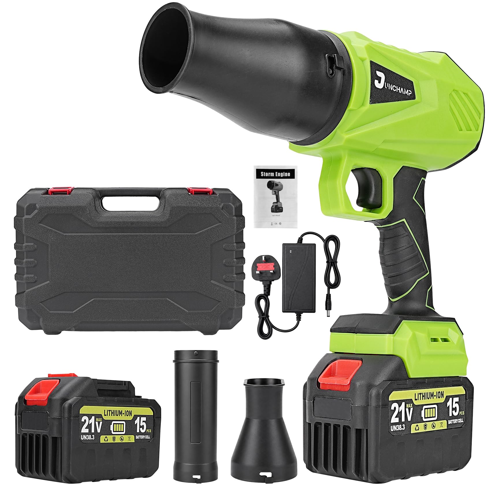Junchamp Cordless Leaf Blower, Lightweight Electric Garden Blower with 2 Batteries, Charger & Carry Case for Patio, Driveway, Dust & Leaves