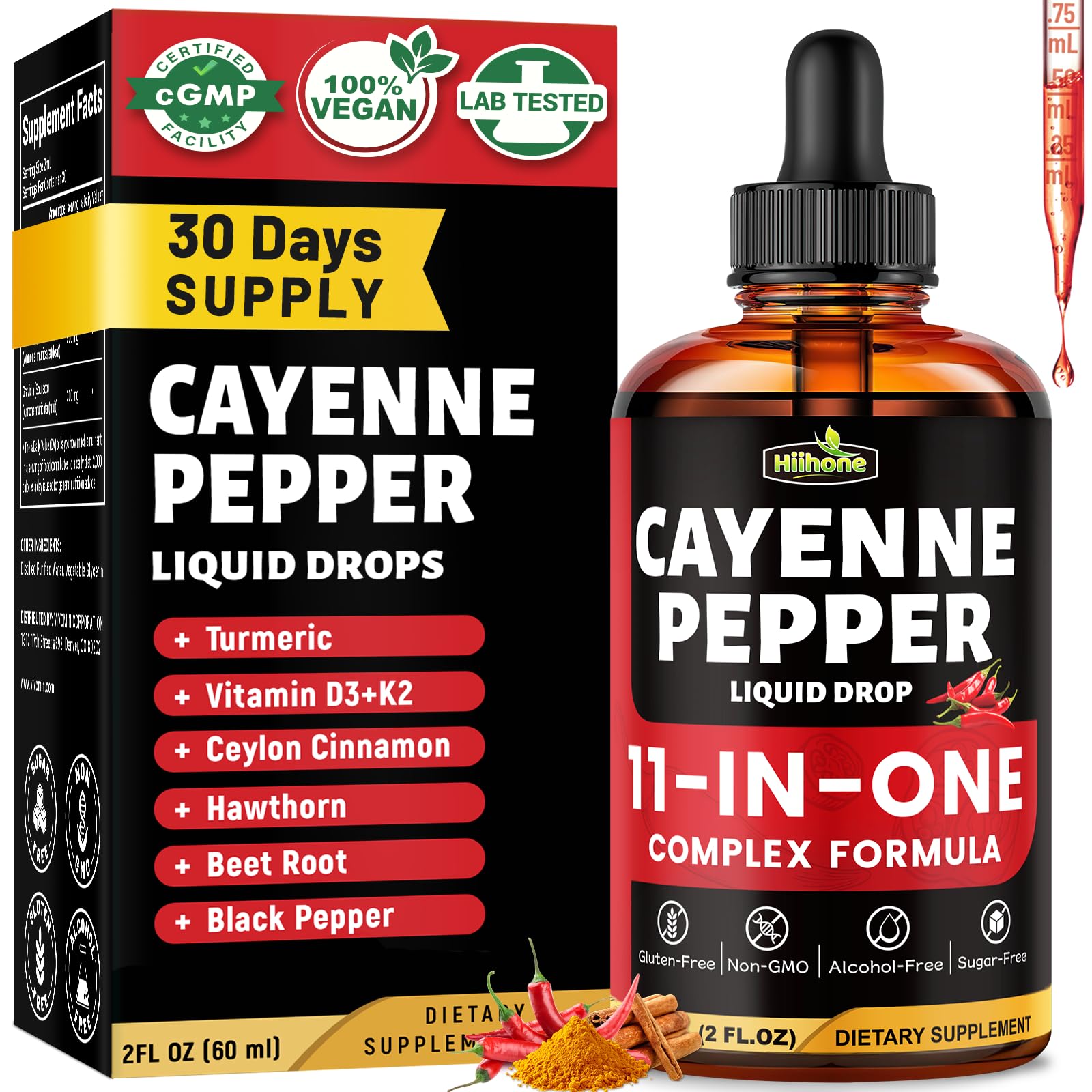 HIIHONE Suplemento fitoterápico em gotas com pimenta-caiena, cúrcuma, vitaminas D3 e K2, 60 mL