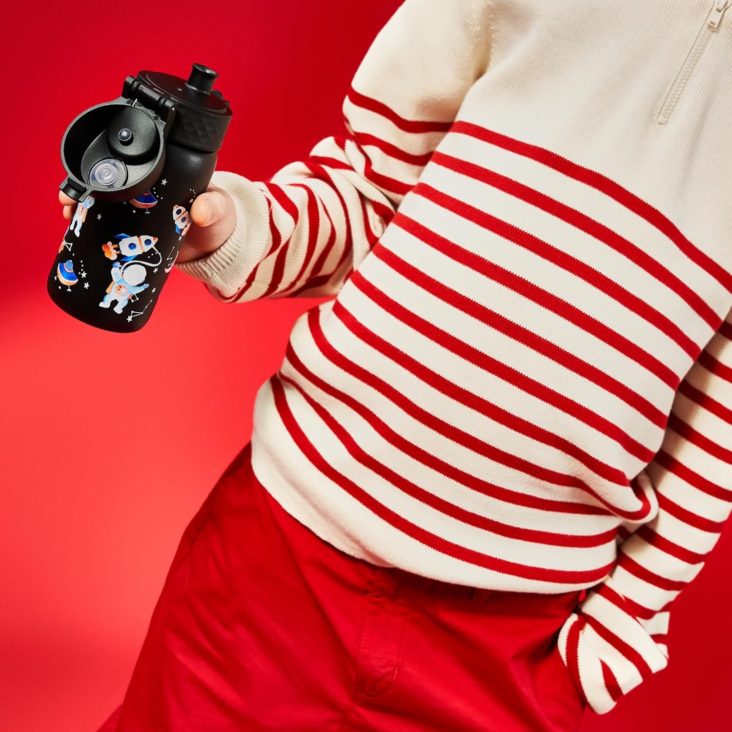 Ion8 Kids Water Bottle, Steel 400 ml/13 oz, Leak Proof, Easy to Open, Secure Lock, Dishwasher Safe, Flip Cover, Carry Handle, Easy Clean, Durable, Scratch Resistant, Raised Print, Space Travel Design - Image 8