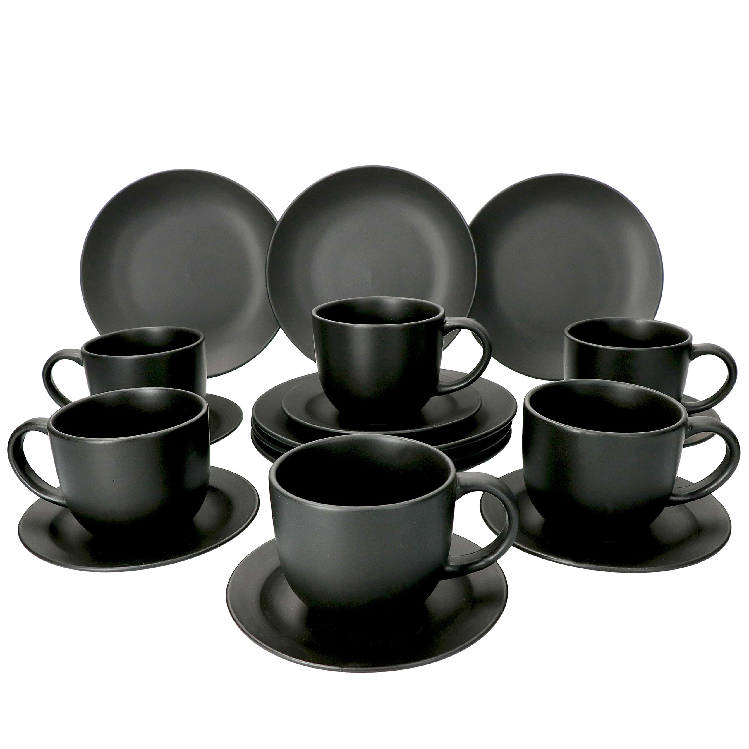 MamboCat 18-teiliges Kaffee-Service Lampart Nero I modernes Steingut-Geschirr-Set für 6 Personen - im modernen Ethno-Stil I Tassen Unterteller Kuchenteller I Kaffeeservice 6 Personen Schwarz matt