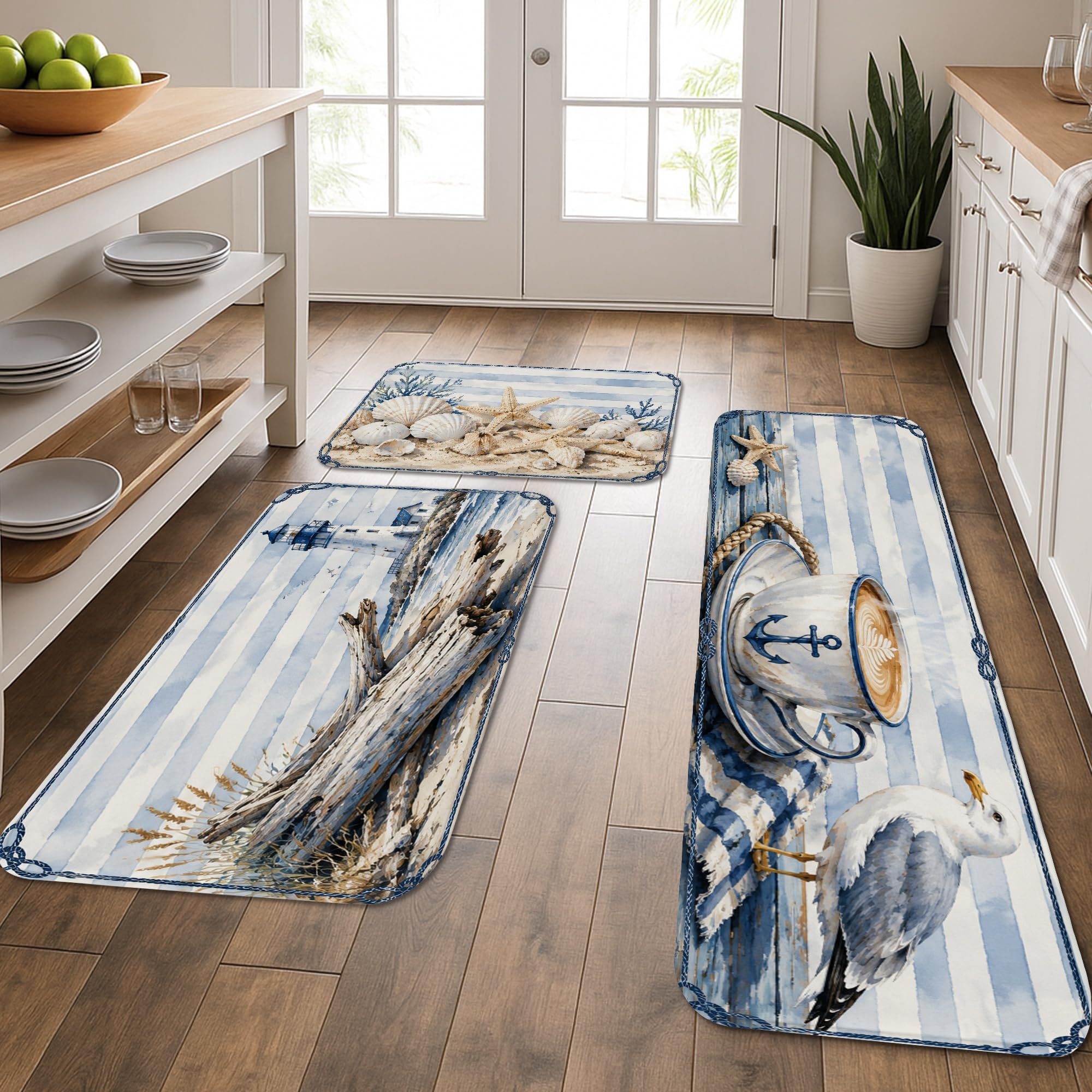 Tapis de cuisine au style marin côtier pour une décoration d'été fraîche dans la buanderie