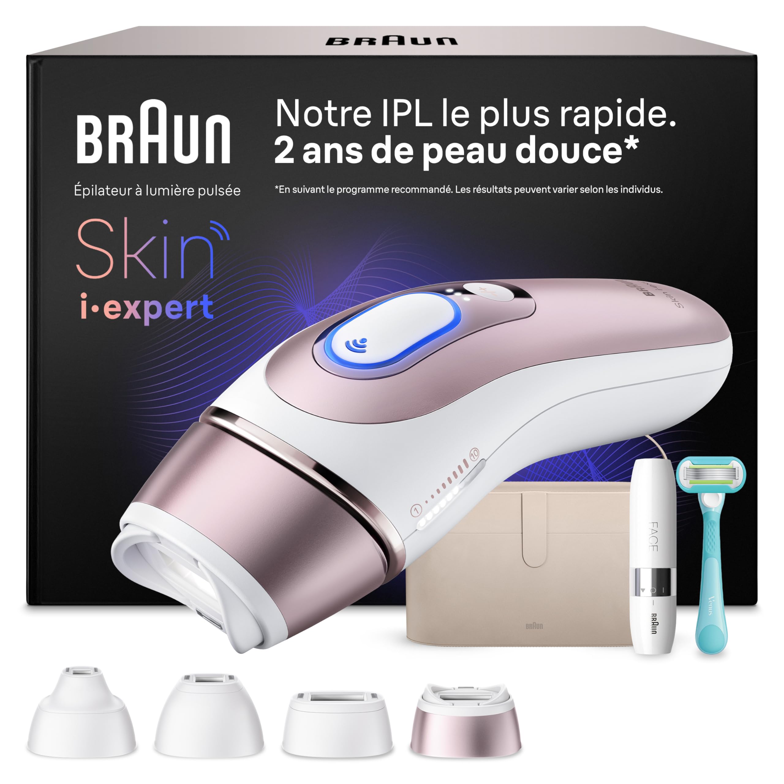 Braun Epilateur Lumiere Pulsee Intelligent Skin i·expert PL7442, Blanc et Rose – Alternative au Laser à Domicile, Filaire, avec Pochette, Rasoir Gillette Venus, 4 Têtes, Connecté à L’Application