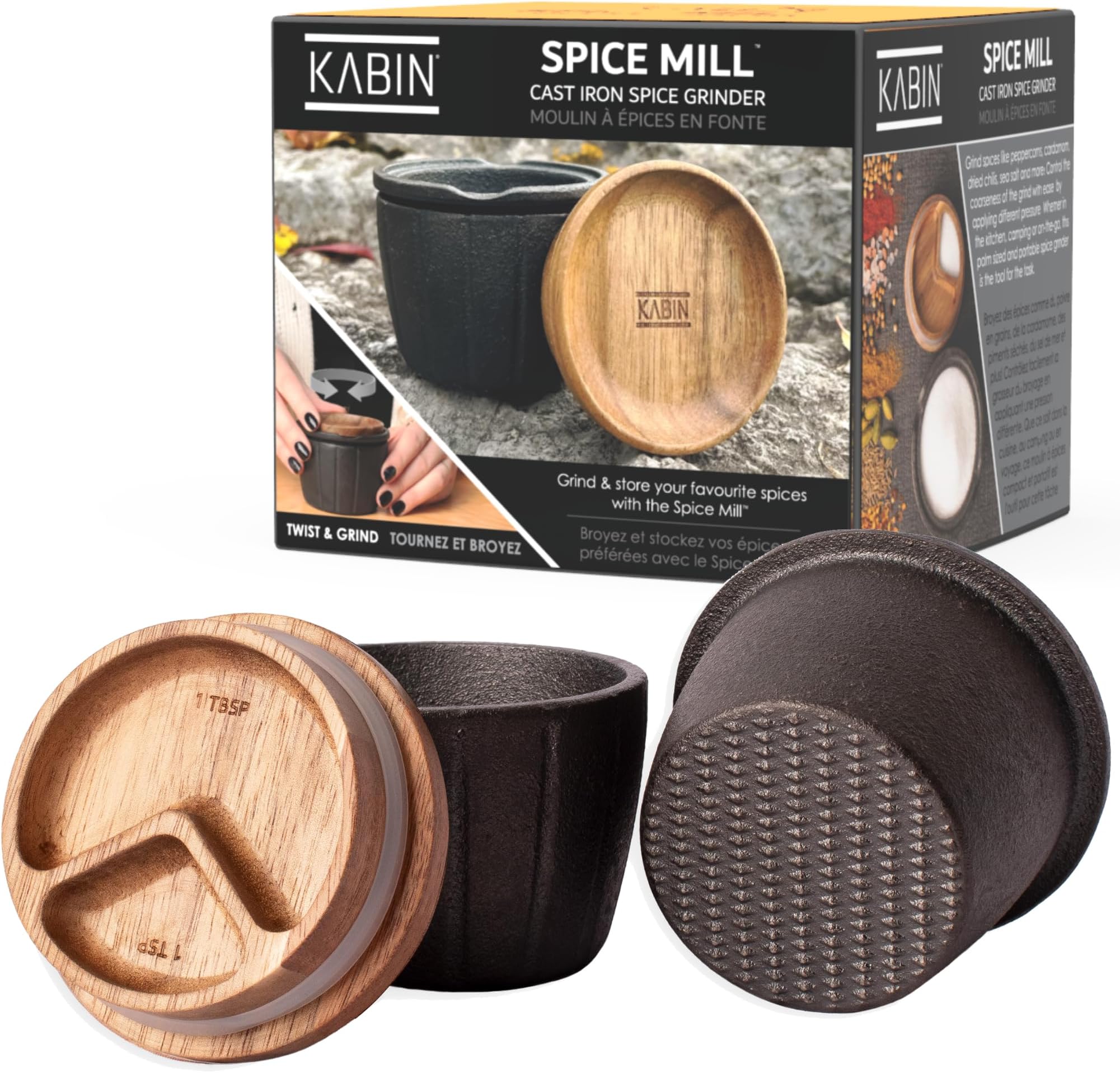 Spice Mill - Spice Grinder Manual Pepper Mill - Durable Cast Iron Mortar and Pestle Set Herb Crusher - Hand Grind, Measure & Store Your Spices and Herbs- Molcajete Bowl