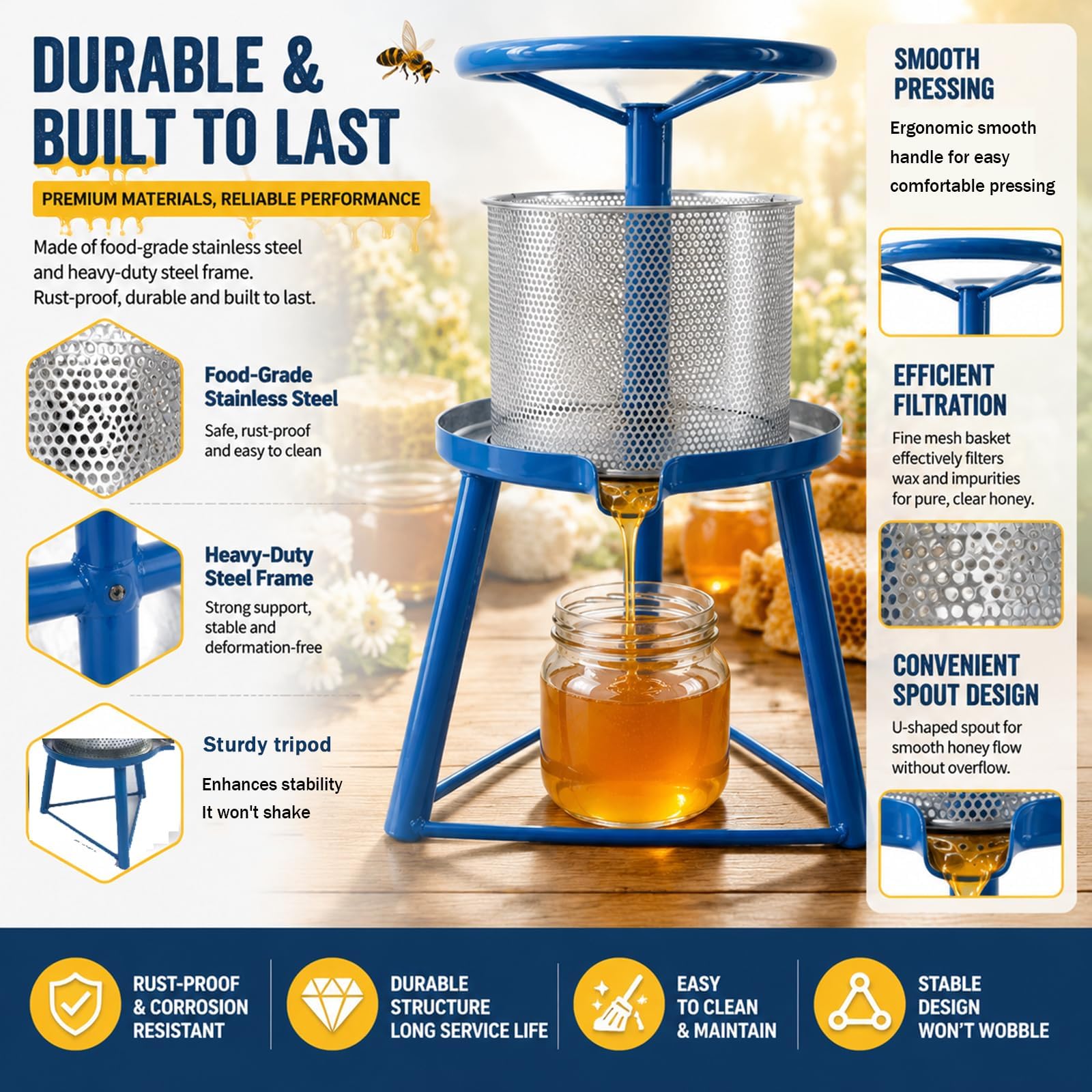 Pressa Manuale da 5 Litri per Cera D'api, Estrattore di Miele, Estrattore di Miele Grezzo, Elevata Resa di Succo, con Base Triangolare, per Cera D'api, Frutta E Verdura