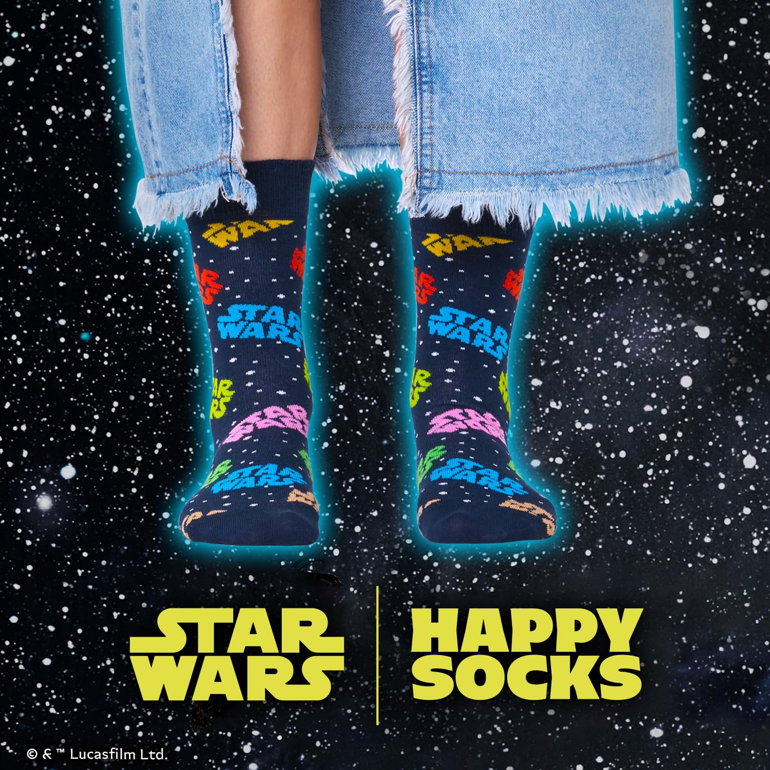 Happy Socks 3-Pack Star Wars Socken, Darth Vader und Yoda crew Socken mit Lichtschwertern an der Seite Größe 36-40