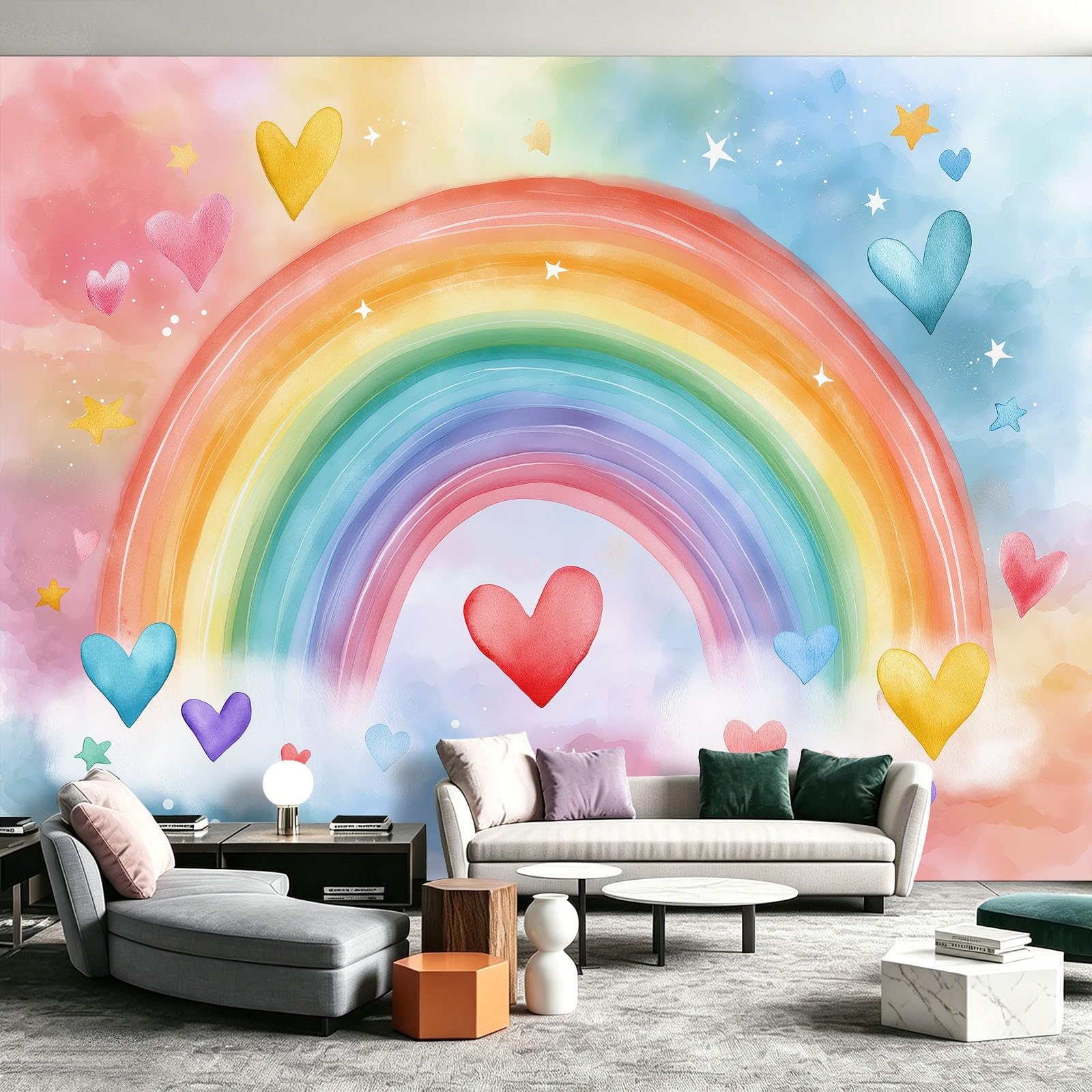 Générique Panoramiczna tapeta z włókniny bajkowa tęcza 200 x 140 cm, gwiazdy chmury tapeta - do salonu, sypialni, jadalni, dekoracji ścian, rozmiar na zamówienie