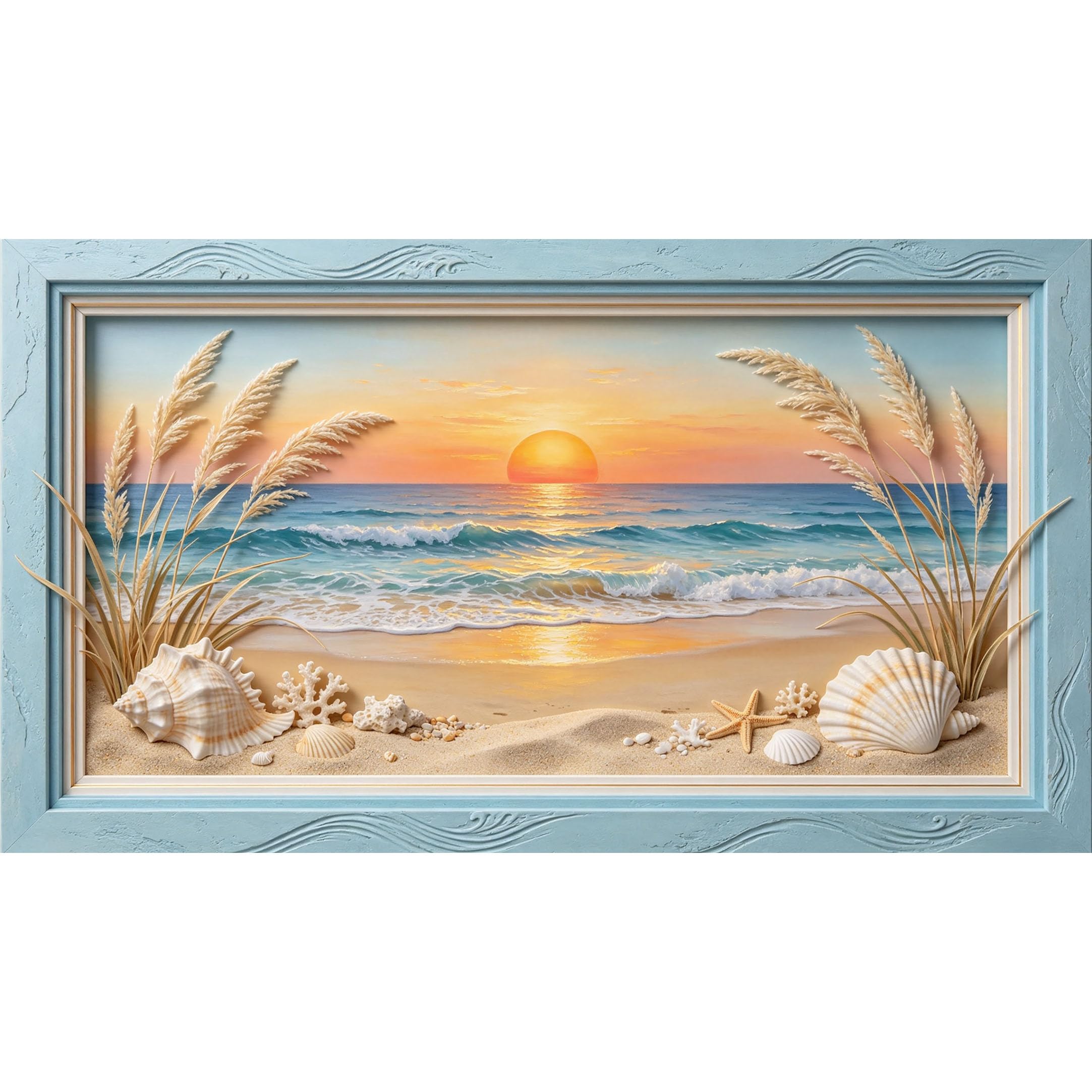 QZLITHOTIC 50x90cm3D Framed Wall Art， Coastal Sunset Beach Seashell Ocean Wave Self‑Adhesive Mural， Water‑Activated Peel & Stick Fabric Decor Wall Decal for Bedroom Living Room