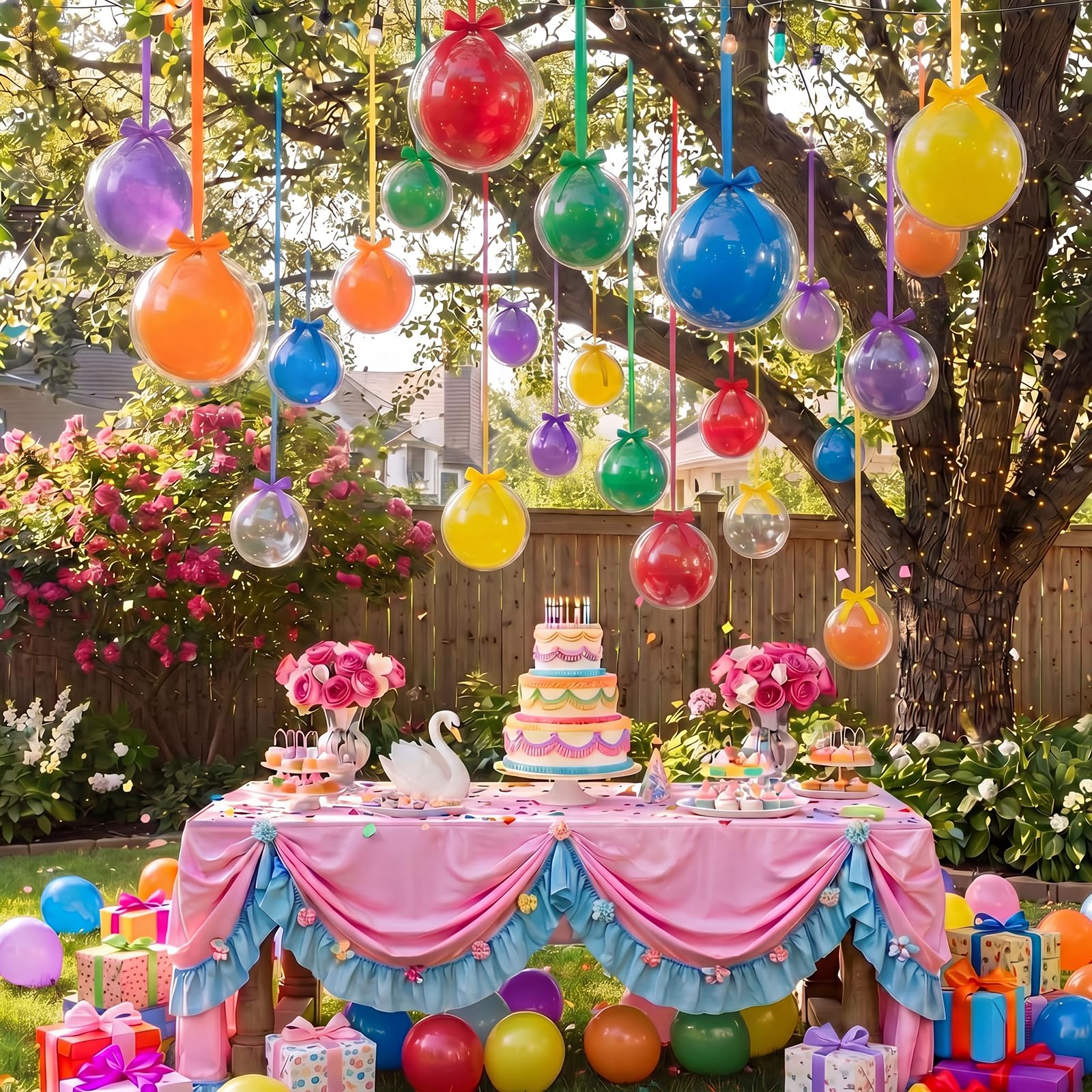 TaoBary Set di 30 palloncini colorati e trasparenti da appendere al soffitto, 56/45 cm, con fiocchi di raso e nastri sfusi per estate, ritorno a scuola, compleanni, feste di nozze