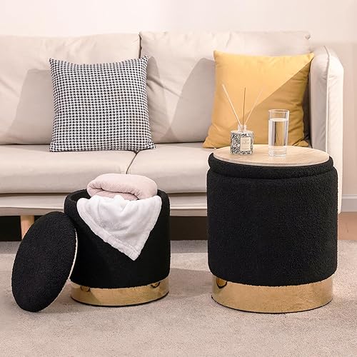 Miniatura 4 de Otomana redonda con almacenamiento, juego de 2 taburetes de tocador con tapa extraíble para dormitorio, taburete otomano de almacenamiento de sherpa