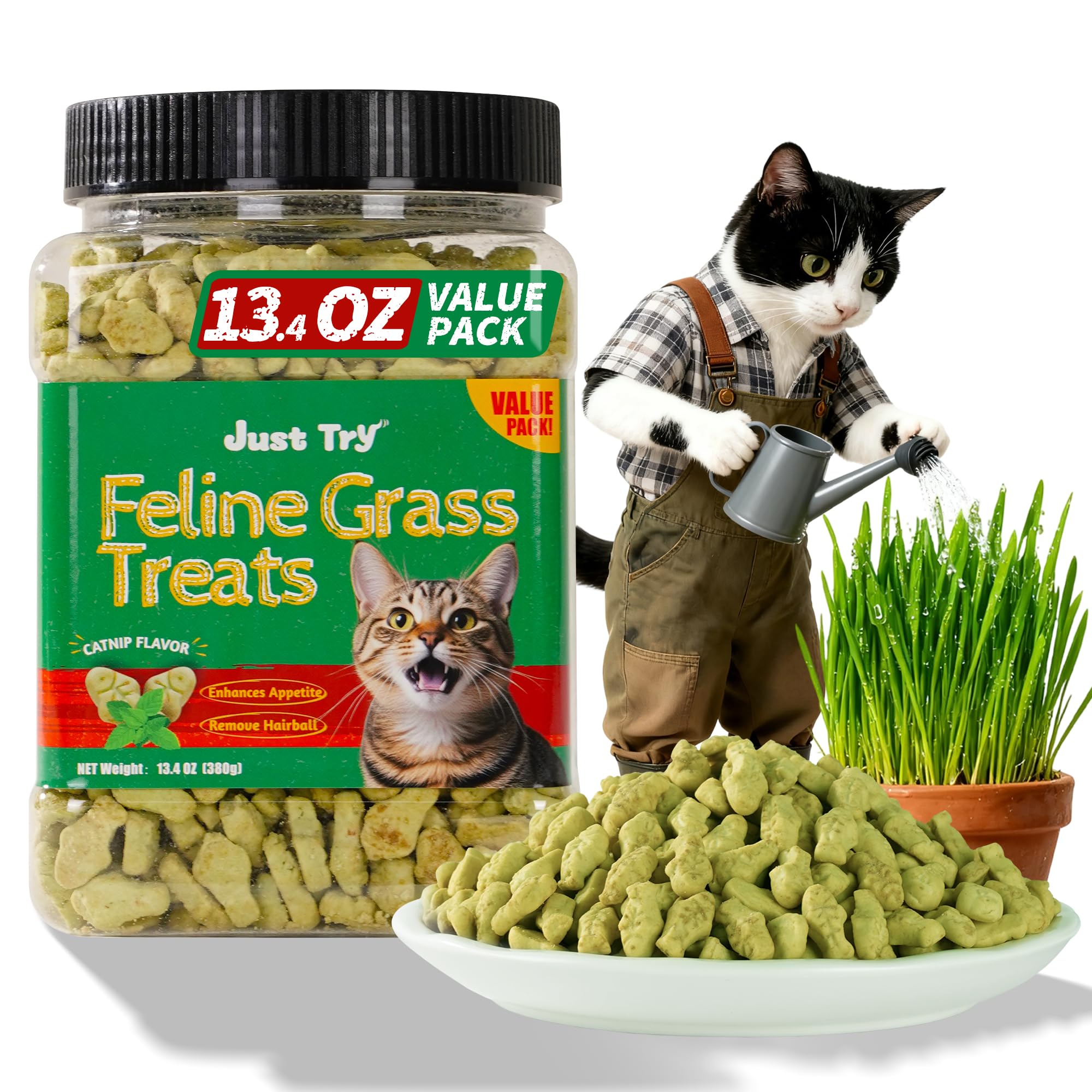 Just Try 13.4 OZ Cat Treats for Indoor Cats Hairball Control Natural Salmon Healthy Cat Grass Treats Kitten Snacks Training Biscuits Catnip for Cats Dental Care