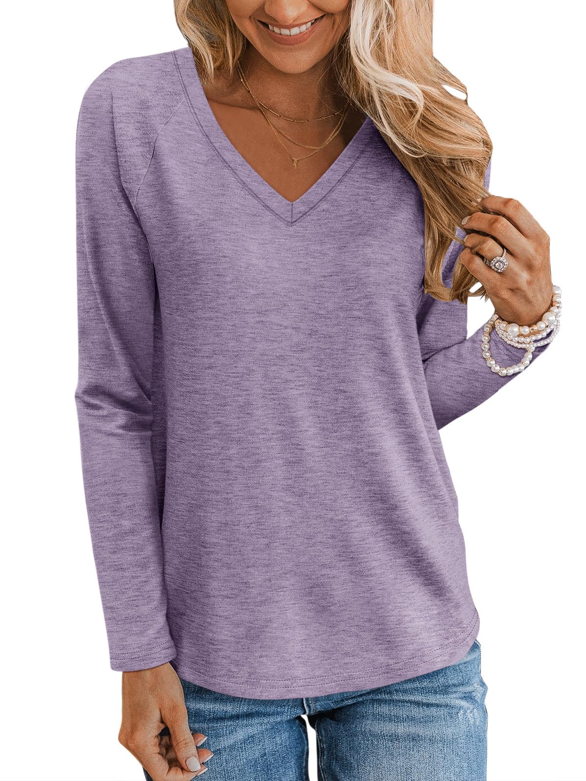 TICTICMIMI Women's V Neck Long Sleeve Tops Casual T Shirts Basic Blouse Tees Loose Fit Lightweight Tunic Shirts