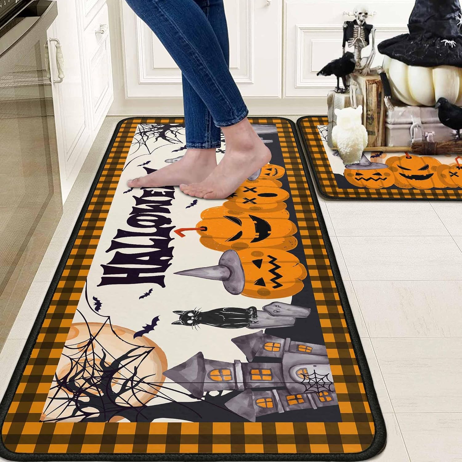 Halloweeen Buffalo Plaid Pumpkin Kitchen Rugs and Mats Set of 2, Castle Cat Bat Boo Halloween Farmhouse Party Floor Mat for Home Kitchen Decorations 17"x47"+17"x30"
