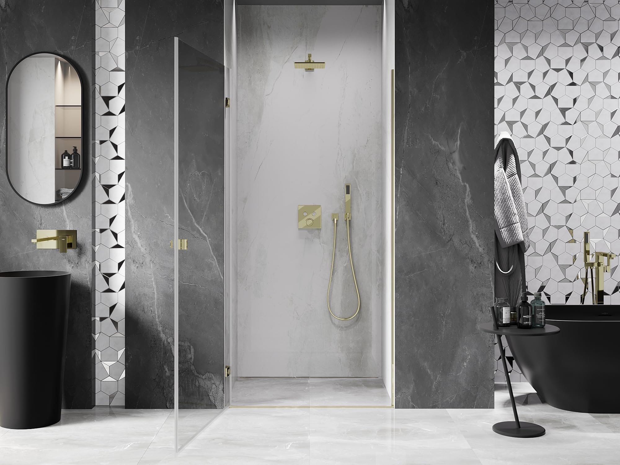 Mexen Lunar-B - Porta doccia a battente sinistra, 60 cm, trasparente, oro