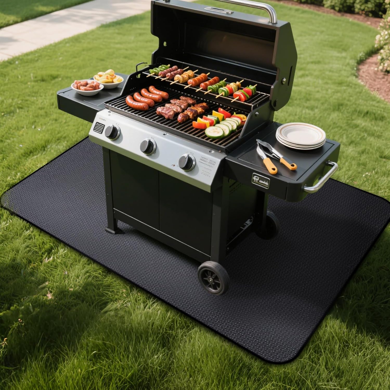 GOTOTOP Fire Pit Mat, 93x132cm BBQ Grill Mat, 2000 Degrees Heatproof, Large Under Grill Pad for Charcoal Grills Deck Patio, Black