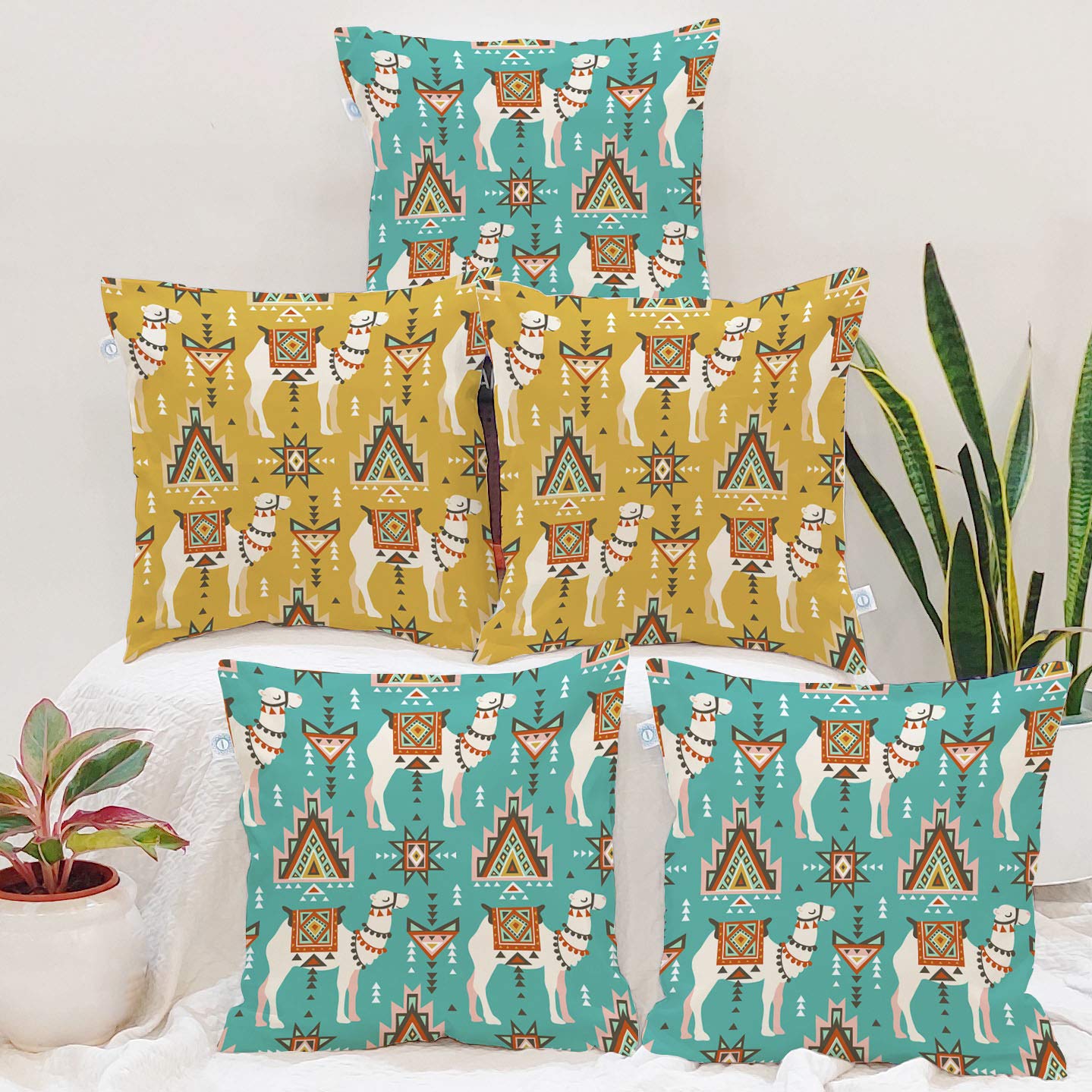 STITCHNEST Cotton Indian Ethenic Camel Digital Print Teal and Yellow Cushion Cover Set of 5 (12 X 12 Inches),50 TC (B07QM6NX9X) Amazon Price History, Amazon Price Tracker