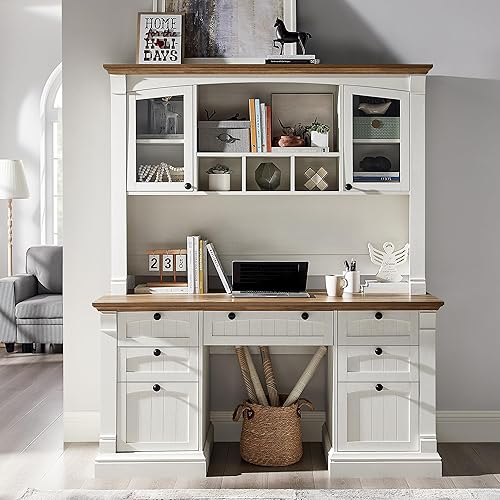 Miniatura 3 de OKD Escritorio Ejecutivo de 60" con Estante Superior y Cajones, Escritorio de Oficina en Casa Estilo Granja con Estación de Carga, Bandeja para