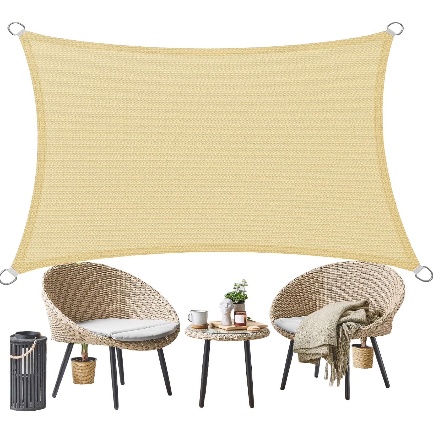 Toldo Vela de Sombra Transpirable 130 x 425 cm Rectangular HDPE Transpirable Protección Rayos 95% UV Toldo Exterior Malla Sombreo con SOGA para Exterior Terraza Patio Jardín Pergola, Color Crema