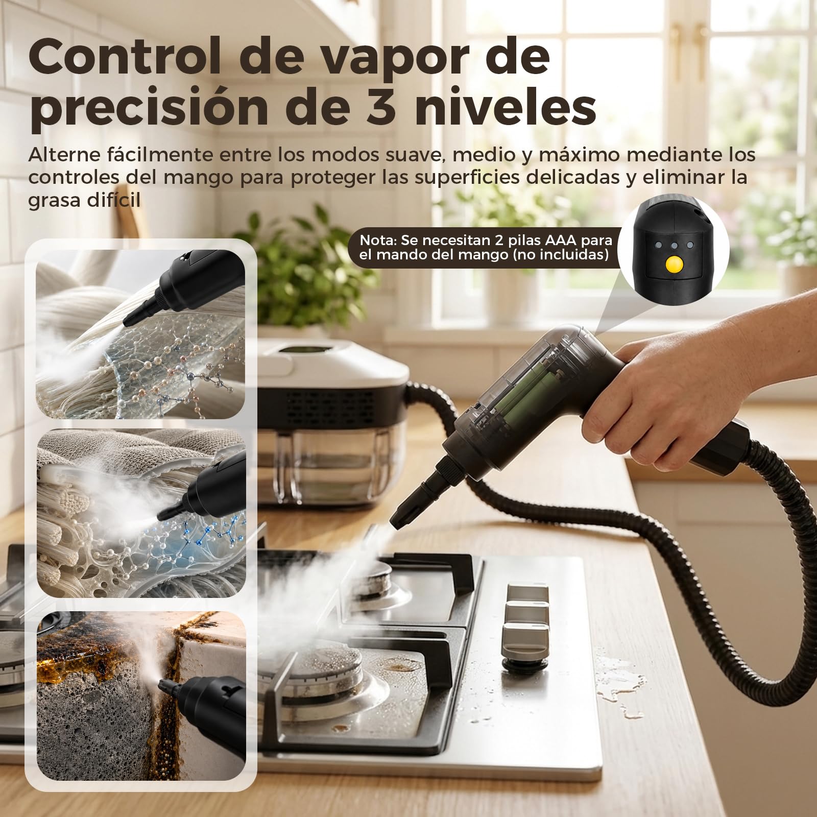 Limpiador de Vapor Portátil 2500W con Depósito 1.6L, Limpiadora de Vapor 3 Bares 3 Niveles Ajustables con 14 Accesorios para Suelos Cocina Sofá Coche Ventanas