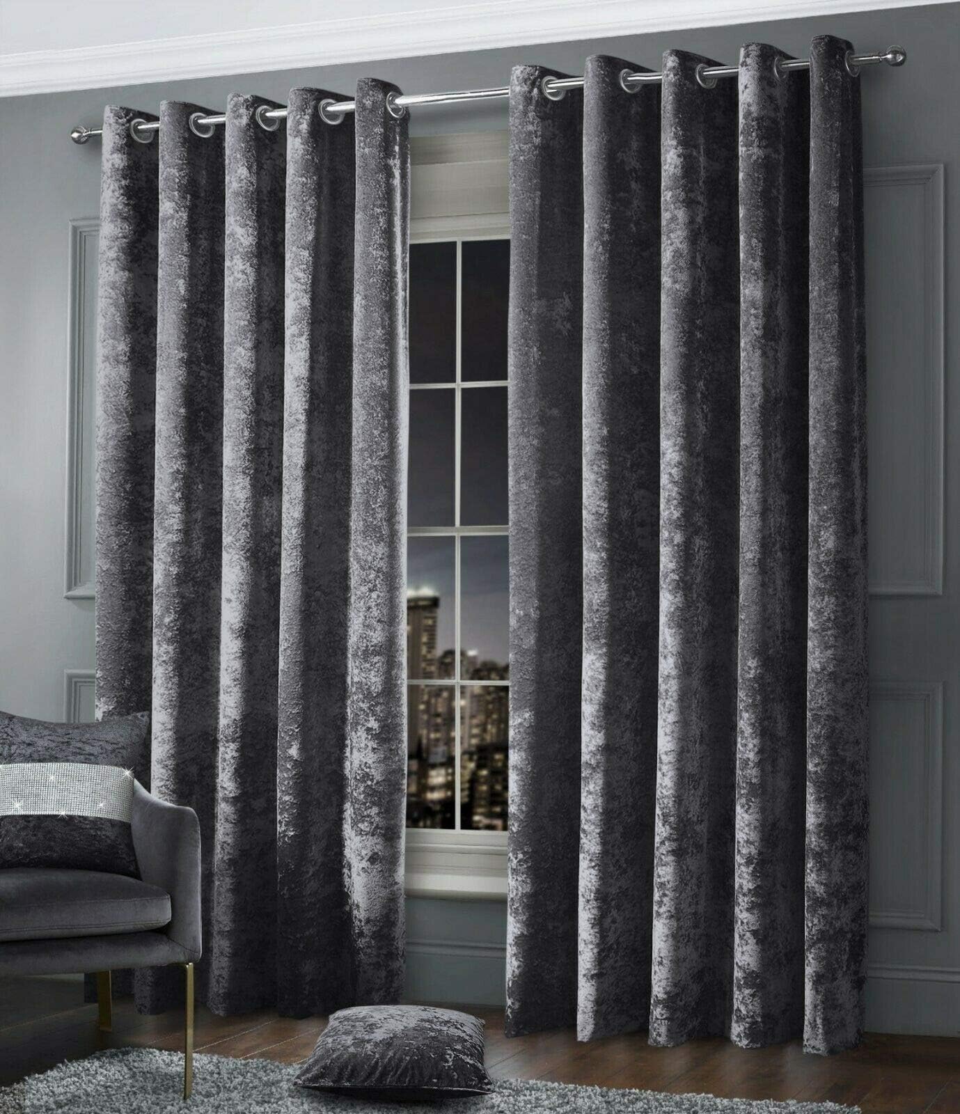 RAYYAN LINEN CHARCOAL GREY FANCY CRUSHED VELVET EYELET RING TOP PAIR OF CURTAINS FULLY LINED (Width 46" X Drop 54")