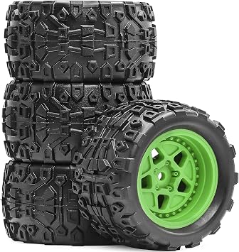 Pre-Glued 1/16 & 1/18 RC Monster Truck Rubber Tire & Nylon Wheel - 12mm Hex | Rubber Tires with Foam Fits for ARRMA 1/18 Granite/Typhon Grom, WLtoys A949, MJX Hyper Go H16 4PCS, Green