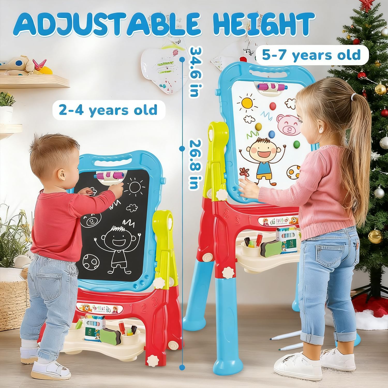 Caballete de arte para niños pequeños, pizarra blanca magnética de doble cara y pizarra con accesorios de pintura, caballete giratorio, juguete de regalo para niños y niñas 3