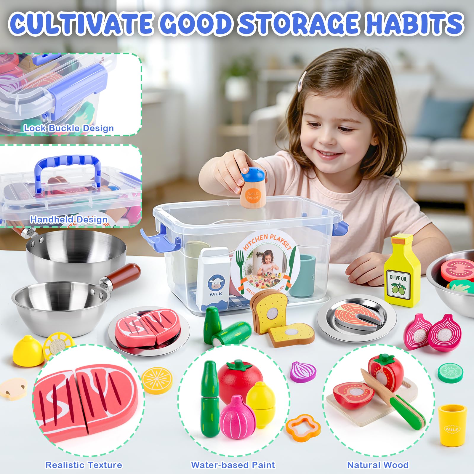 SEMKOTREE Cucina Giocattolo per Bambini, Accessori Cucina Bambini Legno Set Utensili Cucina, Insalatiera Pentole Acciaio Inox, Giochi Bambina Gioco Montessori, Regalo Bimba Bimbo 3 4 5 6 Anni
