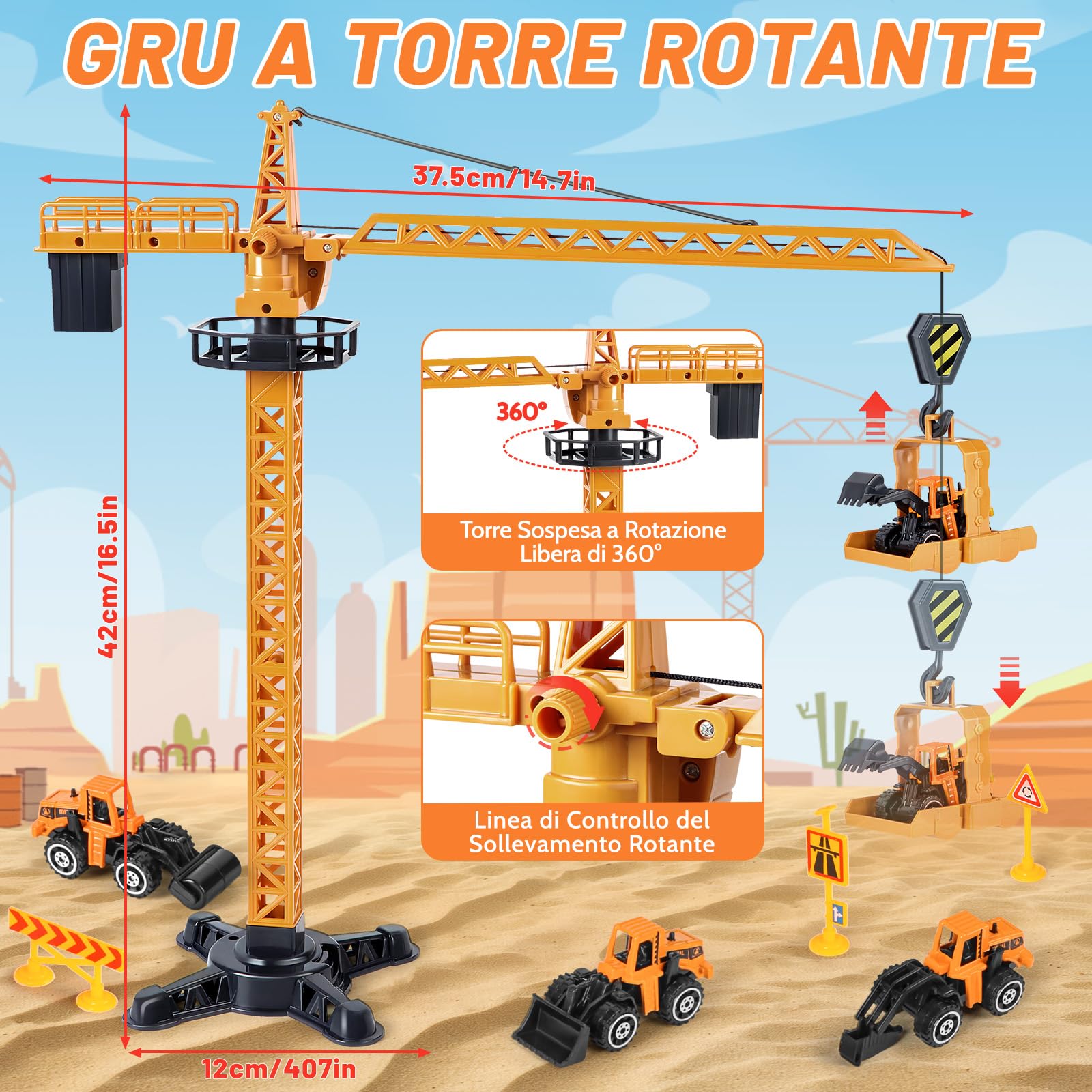 Camion Giocattolo per Bambini, Camion da Cantiere Giocattolo con Gru, Veicoli da Cantiere con Suoni e Luci, Regali di Compleanno e Natale per Bambini dai 3 Anni in Su
