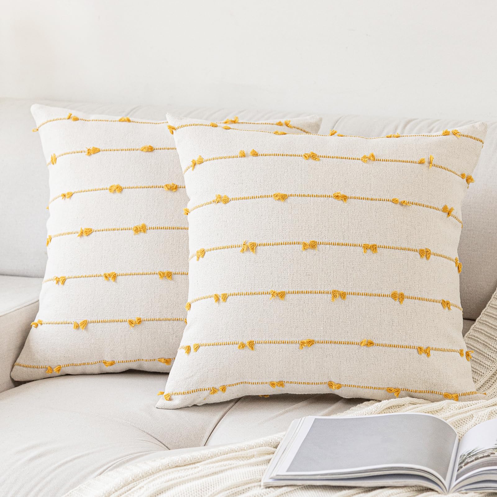 YEENAASY Boho Throw Pillow Covers 24x24 Set of 2 Modern Farmhouse Decorative Cushion Case Tufted Square Pillows Cover Neutral Pillow Cases Accent