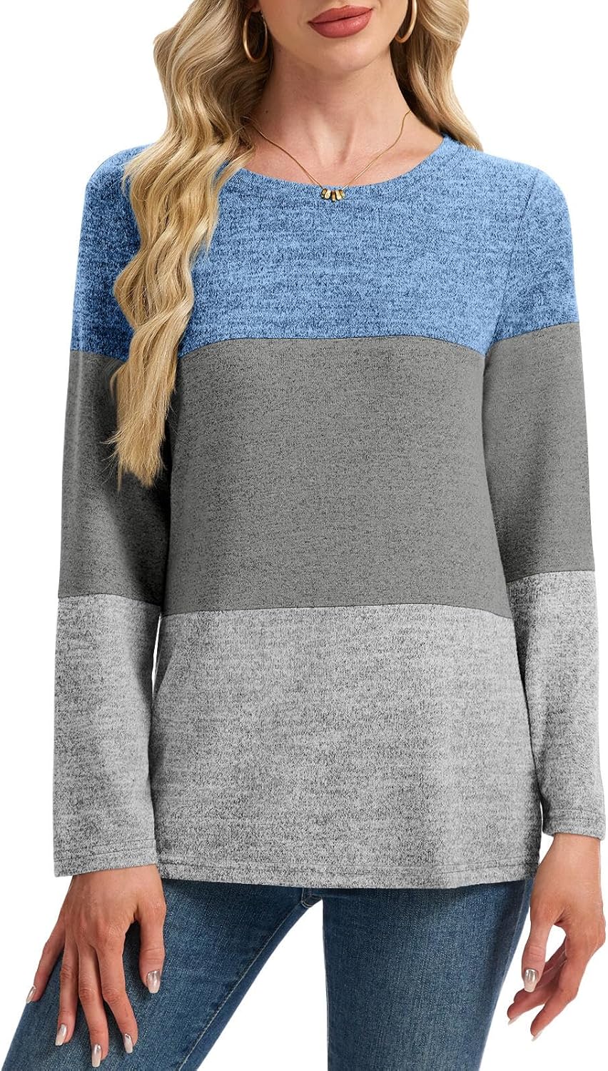 Womens Long Sleeve Tops Color Block 2025 Casual Fall Lightweight Tunic Sweaters Crew Neck Shirt