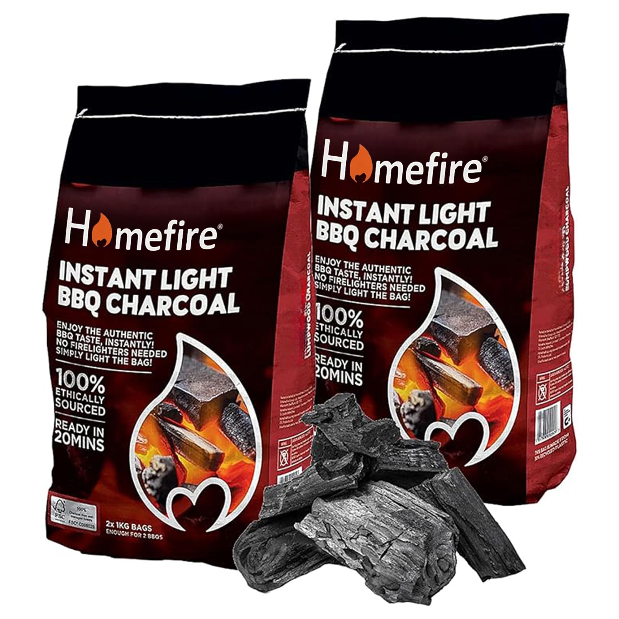 Homefire Instant Light Lumpwood Charcoal for BBQ - Pack of 4 x 1kg Instant Light Lumpwood Charcoal Grill Bags with Topline Card for Outdoor Barbecues, Fire Pit, Camping BBQs