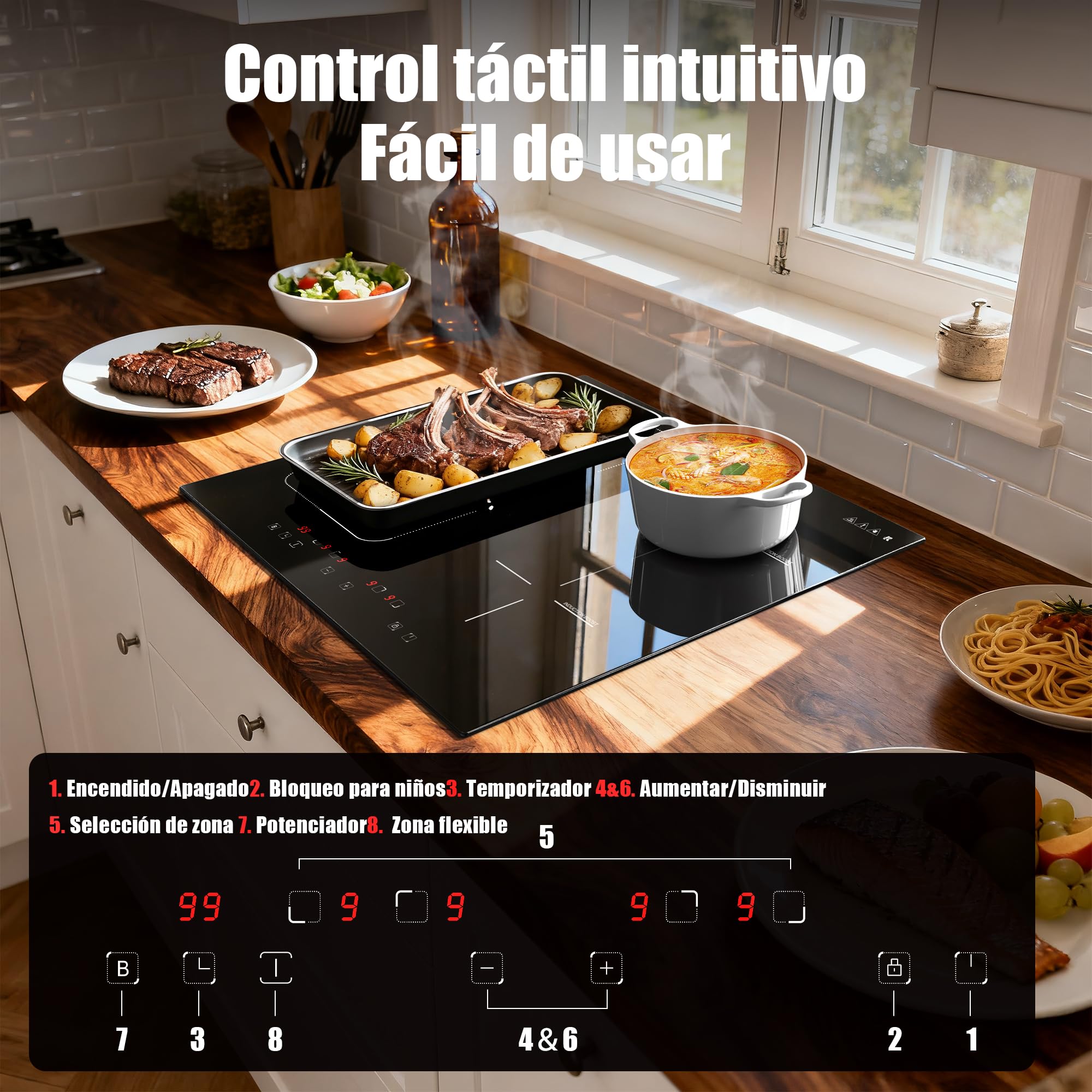 Placa Inducción 4 Fuegos con Zona Flexible, Empotrable 60CM, 7200W Karinear | sin Enchufe, Función «Boost», temporizador, bloqueo de seguridad para niños