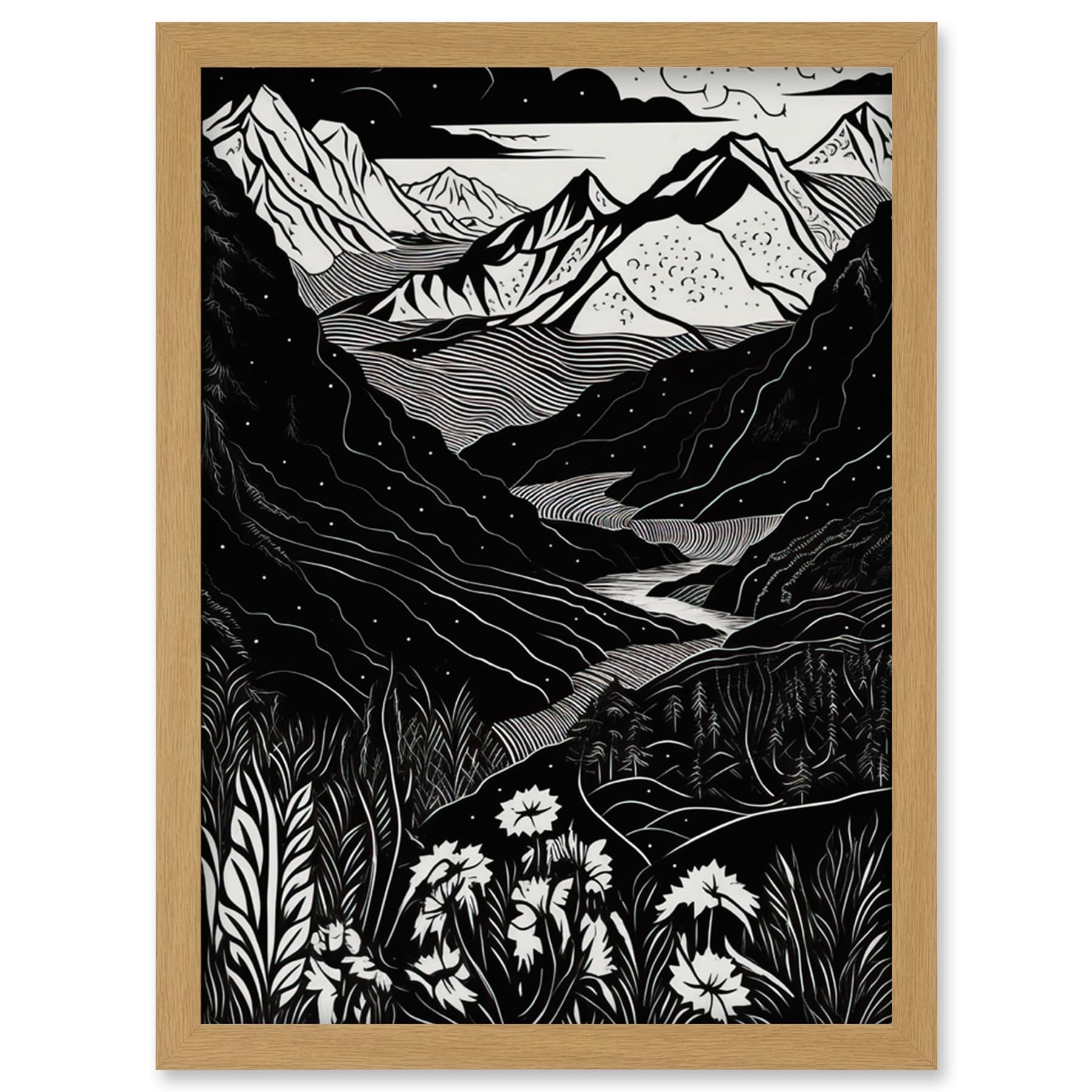 Artery8 Wildflowers in Spring Mountain Landscape Linocut Artwork Framed Wall Art Print A4