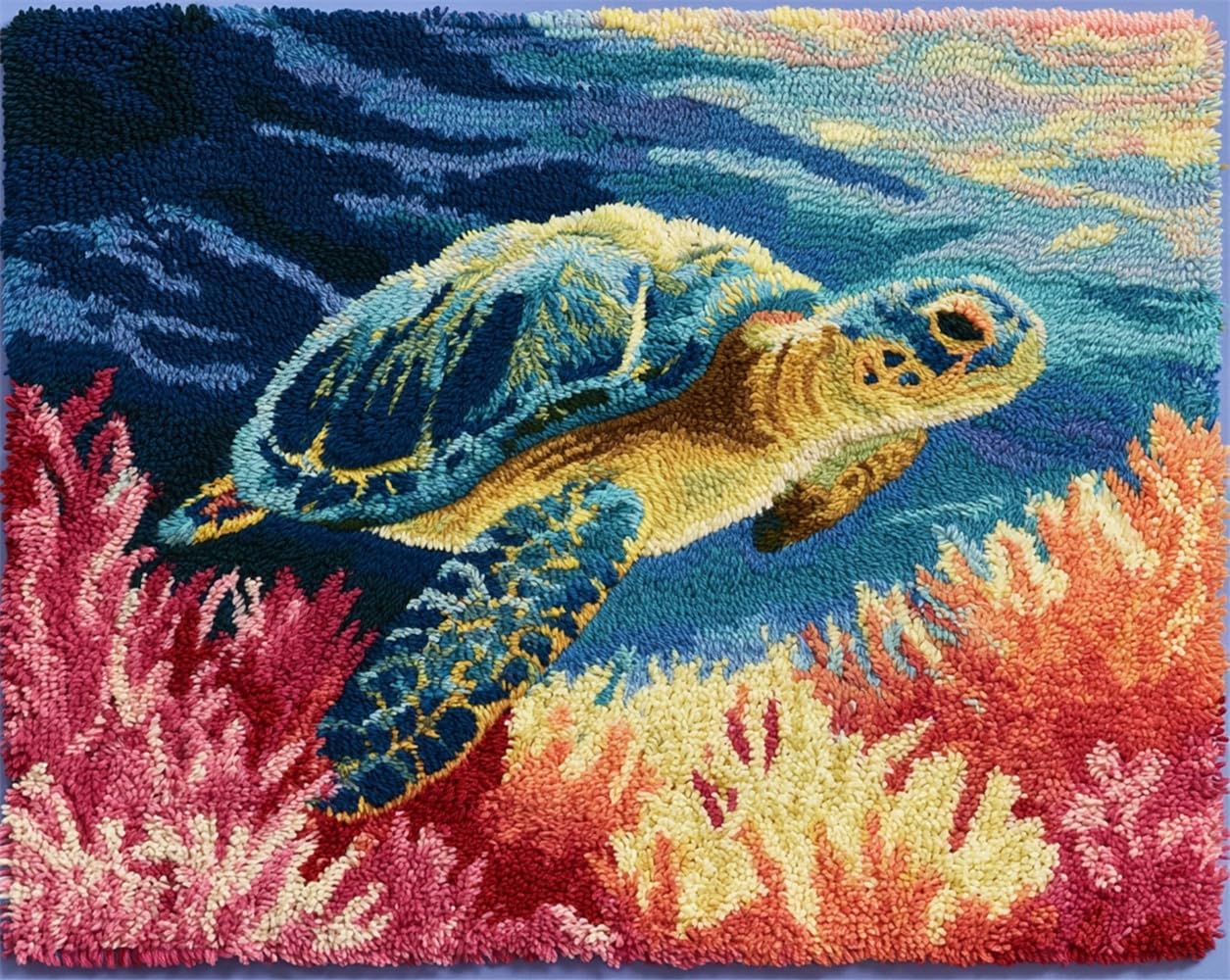 FWRTYCB Latch Hook Rug Kit,Sea Turtle and Colorful Corals Grass