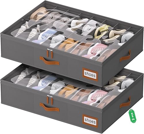 Miniatura 20 de homyfort Organizador de 32 pares de zapatos debajo de la cama, cajas de almacenamiento de zapatos debajo de la cama resistentes, organizador de 2