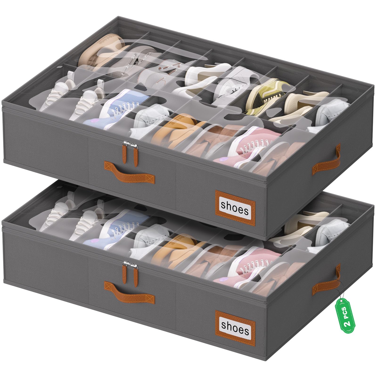 homyfort Shoe Organizer Under Bed, Fits 32 Pairs, Under bed Shoe Storage Boxes with Study Handles and Clear Cover, zapateras organizer for shoes, set of 2