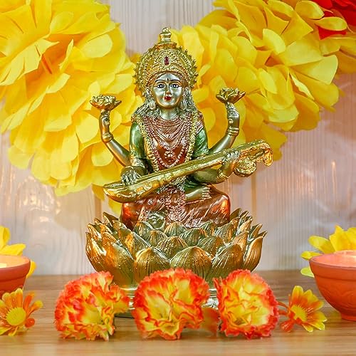 Miniatura 4 de alikiki 6.3 pulgadas de alto Sarswati sentado en figuras de loto en oro antiguo, estauto de dios hindú para meditación, altar indu oros y diosas,