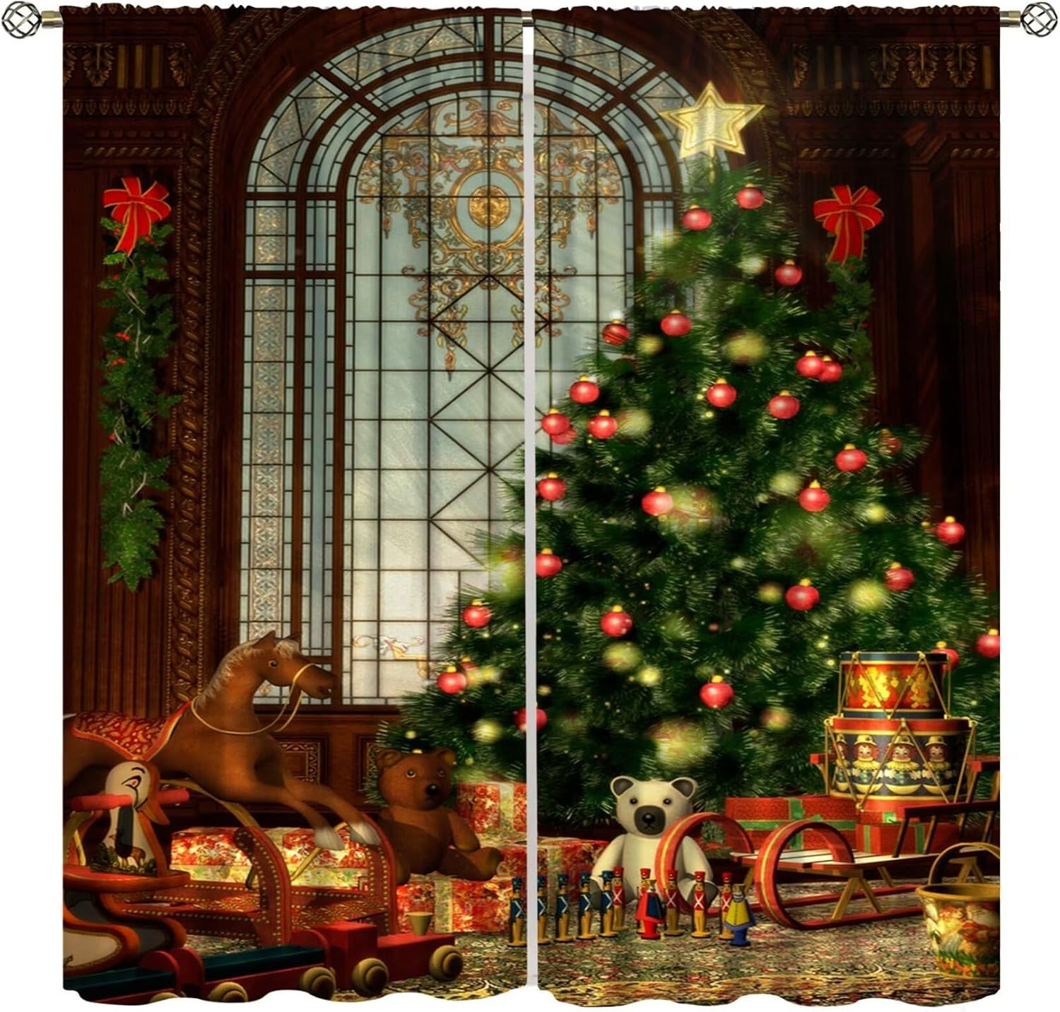 Christmas Blackout Curtains,Christmas Tree with Colorful Presents Christmas Tree Abstract Red Christmas Balls Winter Snow Print Rod Pocket Window Drapes for Bedroom Party Set 2 Panels,42x45 Inches