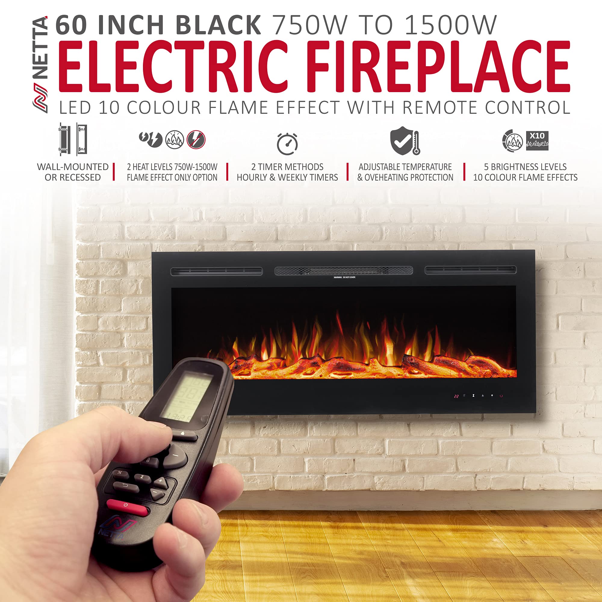 NETTA 60 Inch Electric Fireplace Inset Recessed, 152cm Wall Mountable  Heater with Remote Control, 2 Heat Power Settings, Adjustable Temperature,  Hourly and Weekly Timer : Amazon.co.uk: DIY u0026 Tools