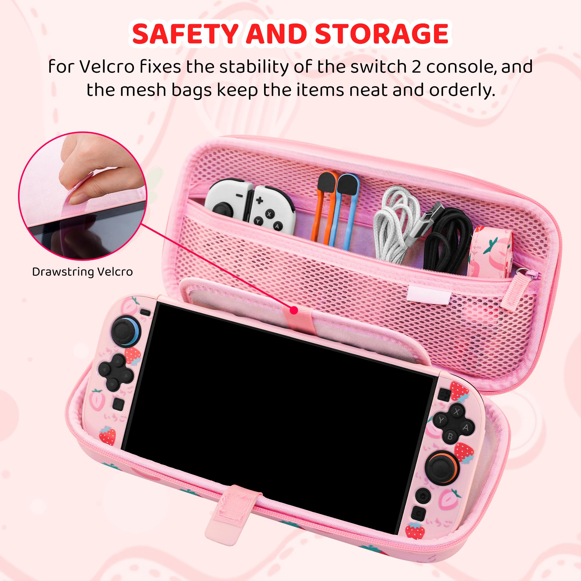 FUNDIARY Custodia da trasporto rosa per Switch 2 con design fragola, kit di accessori antiurto con custodia da viaggio sottile portatile, custodia agganciabile, pellicola proteggi schermo, tracolla e
