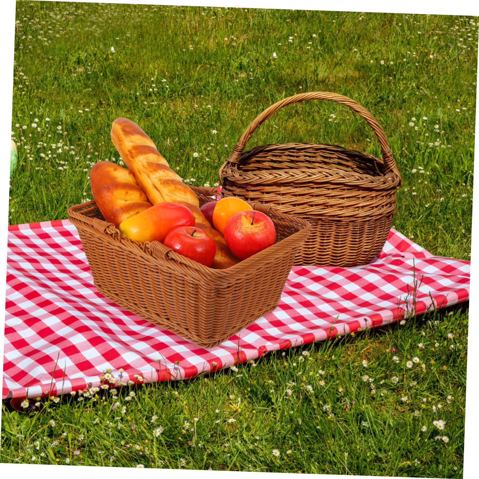 LABRIMP Cesta de Picnic Tejida de Ratan Imitación con Asa Contenedor de para Almacenamiento para Excursiones y Decoración de Eventos