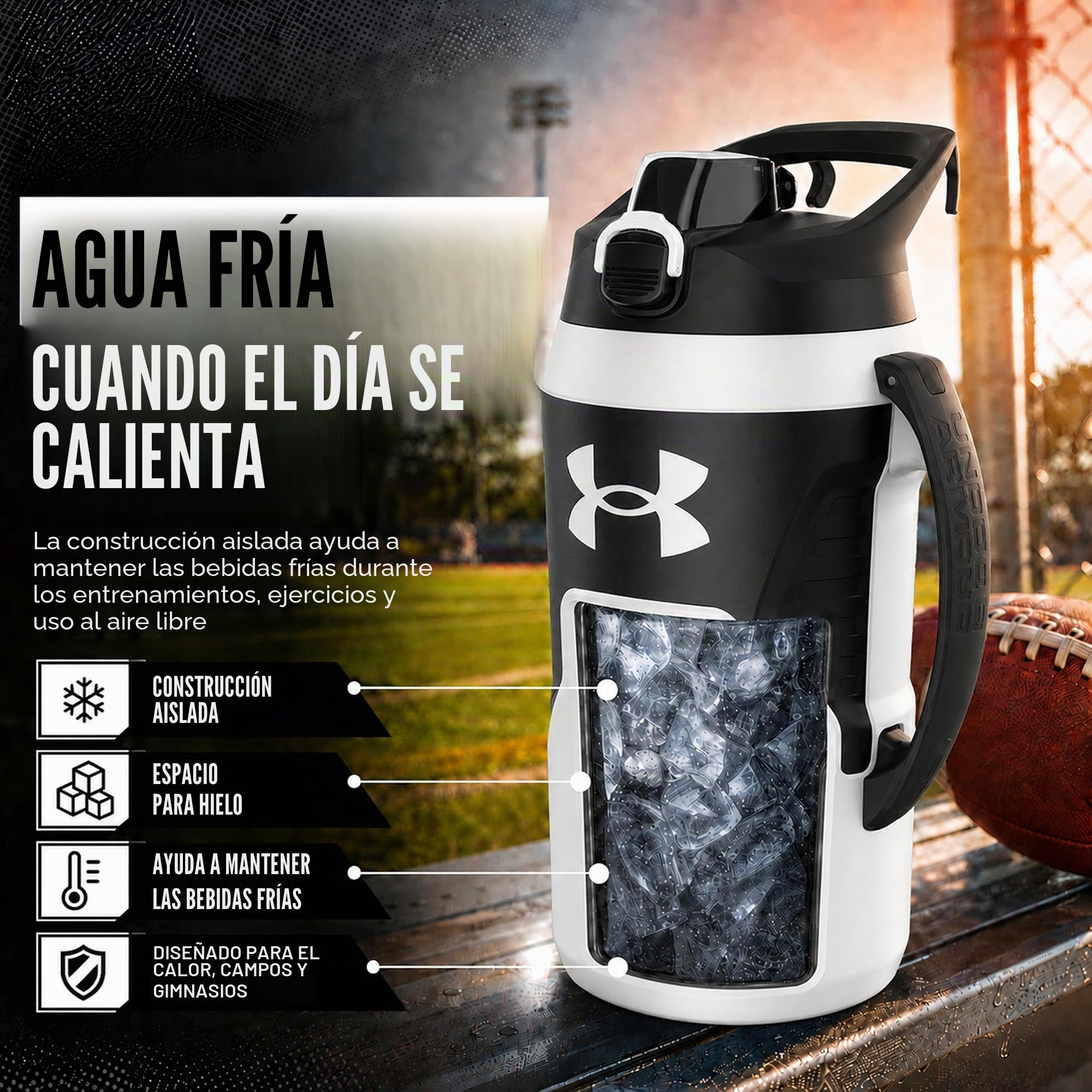 Under Armour Botella de agua aislada de 64 onzas con asa, con aislamiento de espuma y resistente a fugas, jarra de agua deportiva, gancho para cerca, apta para lavavajillas, color negro y gris claro,