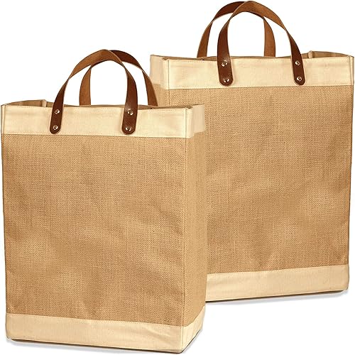 EXULTIMATE Bolsa de mano con correas de piel sintética, reutilizable, arpillera para compras, paquete de 2 unidades, Farmers Market yute plegable