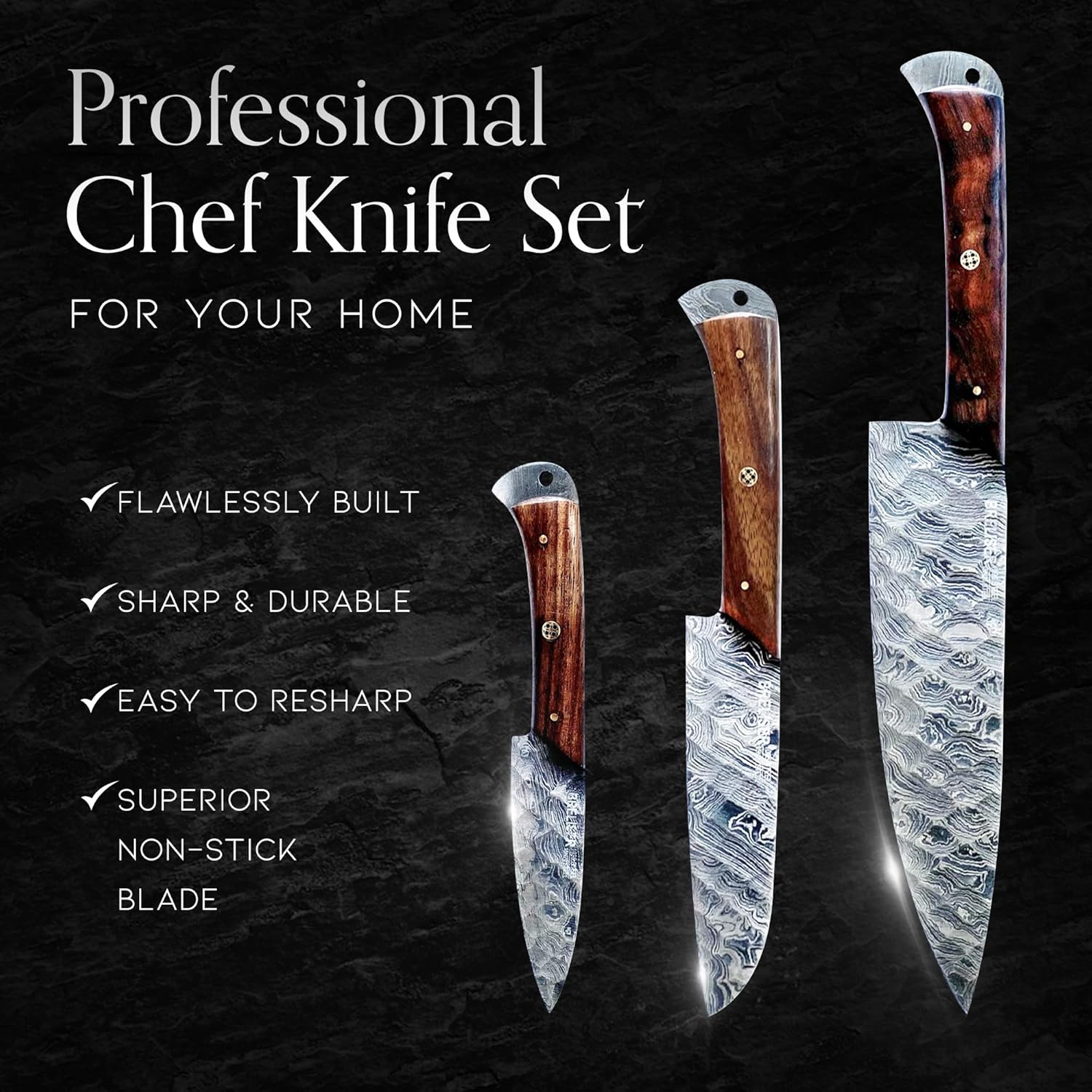 3-Piece Knives Set for Kitchen, Damascus Chef Knife Set With Professional Chef Knife, Santoku Knife, & Paring Knife, Diamond-Hammered Kitchen Knifes With Rosewood Handles, Gifts for Chefs