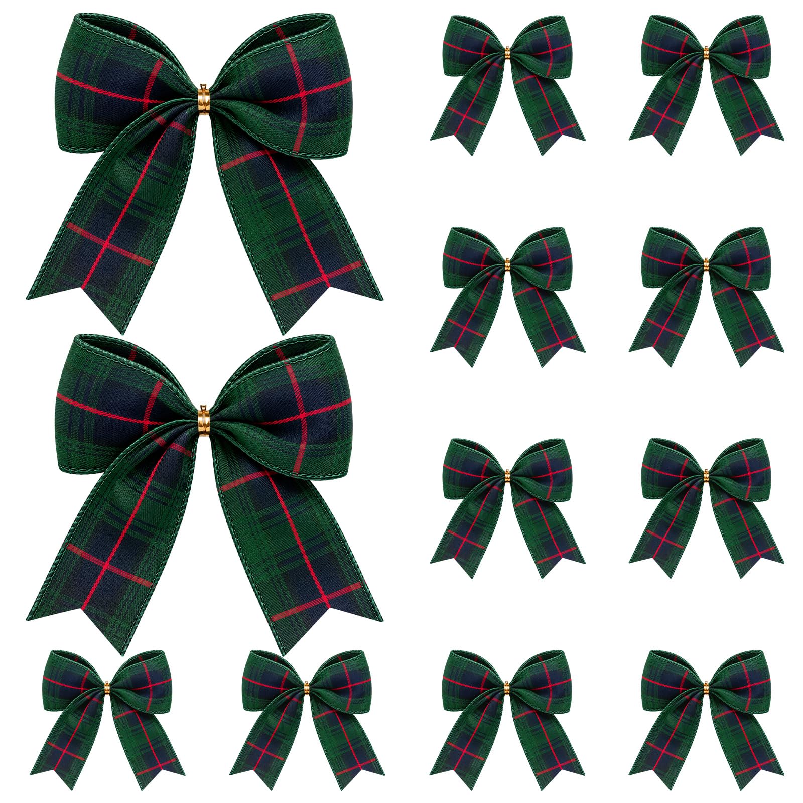 Realspring 12 Pcs 6.3 in Vintage Green Plaid Christmas Bows Ornaments