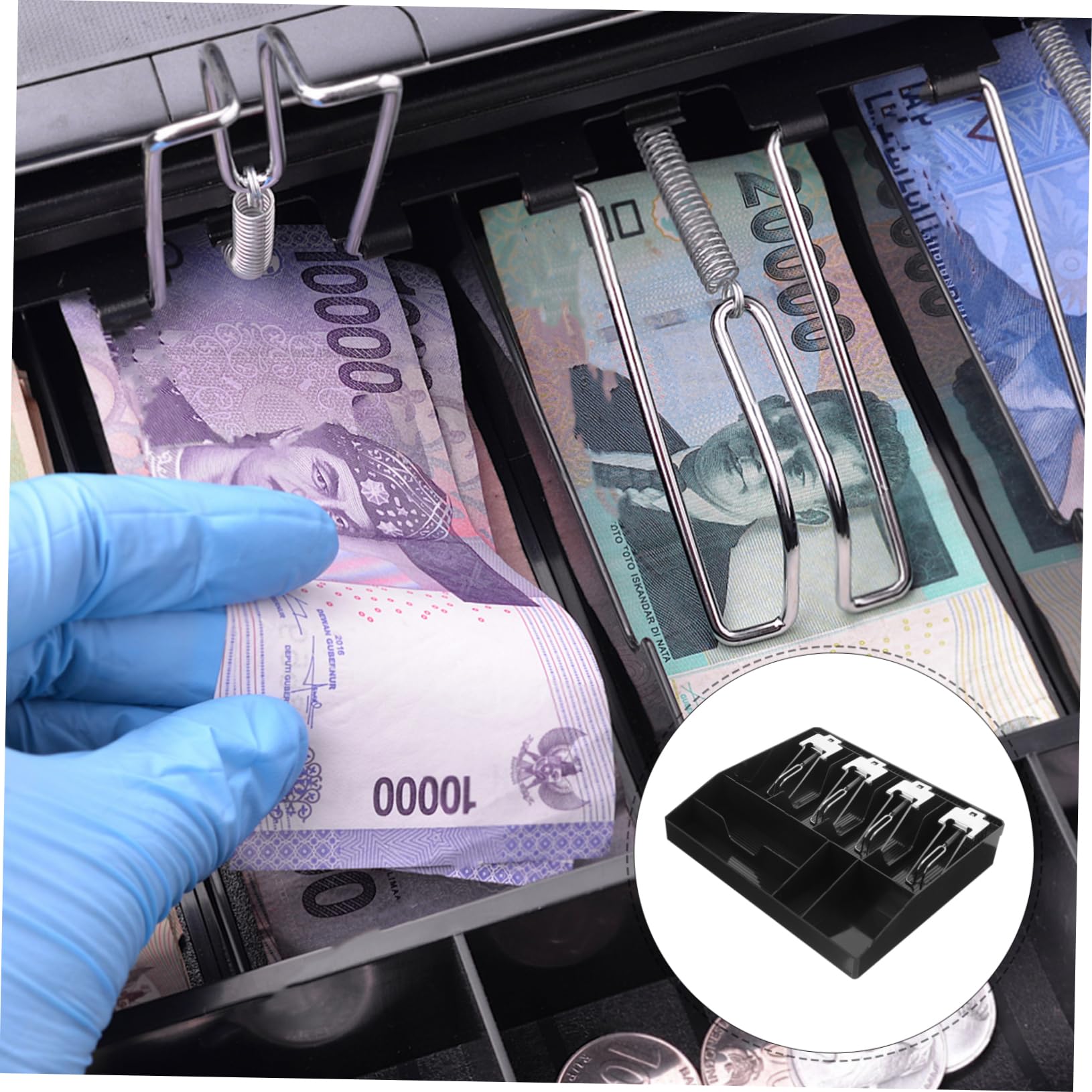Kassenschubladeneinsatz 8-fach aus Kunststoff und Metall | Schwarz, Fachaufteilung für Papiergeld und Münzen, Clips zum Fixieren, Geeignet für Shops