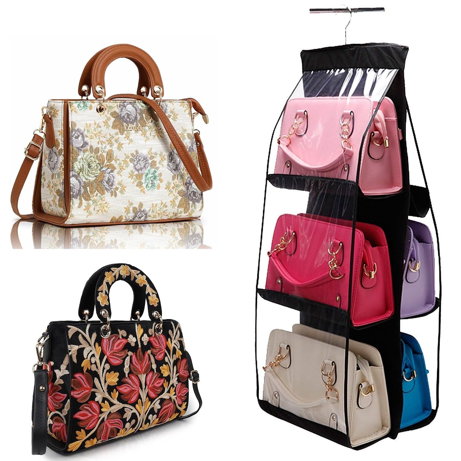 VORTEXAPurse Handbag Organizer 6 Pocket Foldable Large Clear Anti Dust Hanging Storage Bag Wardrobe Purse Clutch Holder Pouch Transparent With Hanger Space Saving With 6 Large Vinyl Pockets