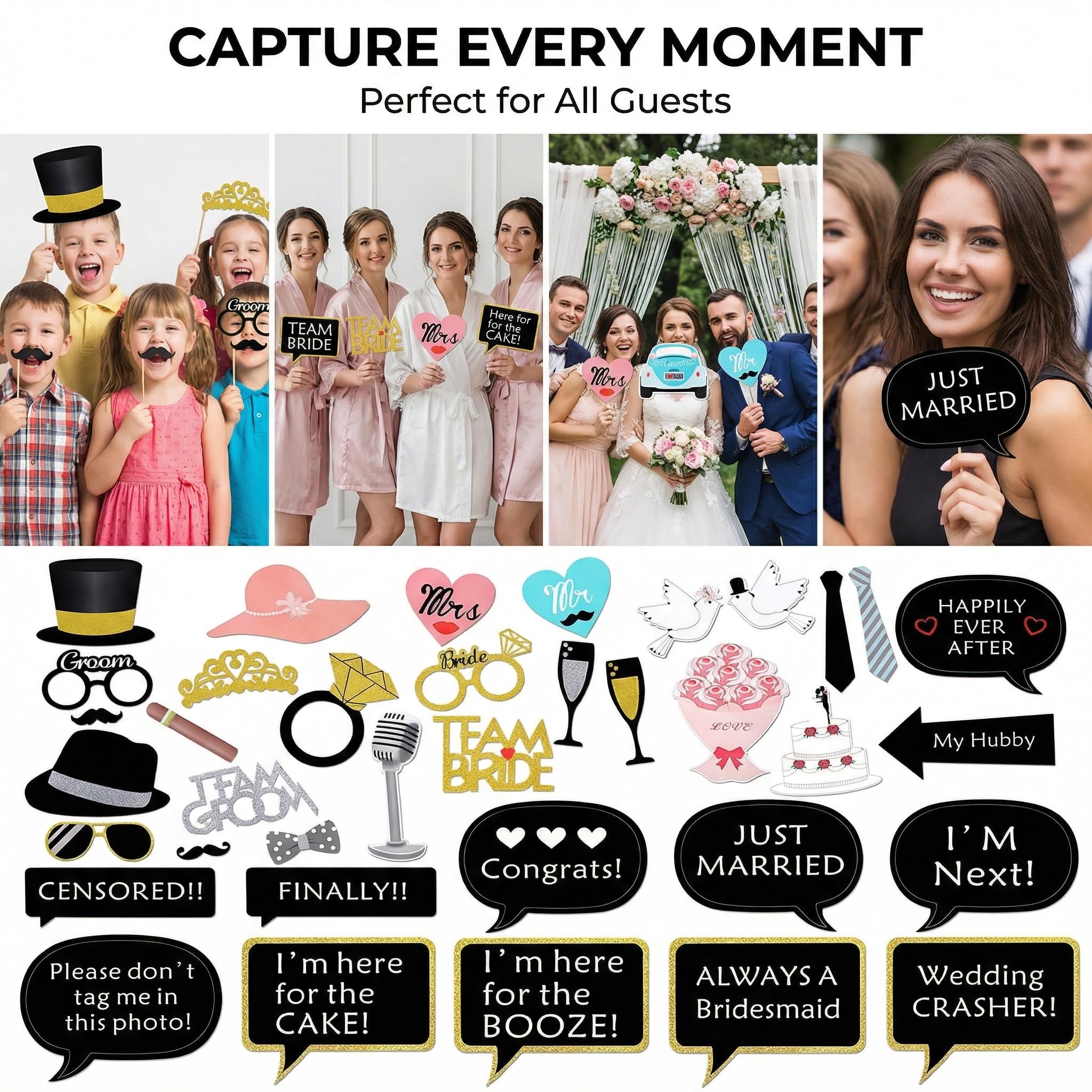 Kotbs Lot de 52 accessoires pour photomaton de mariage, enterrement de vie de jeune fille, fête de fiançailles, Saint-Valentin, accessoires de photomaton