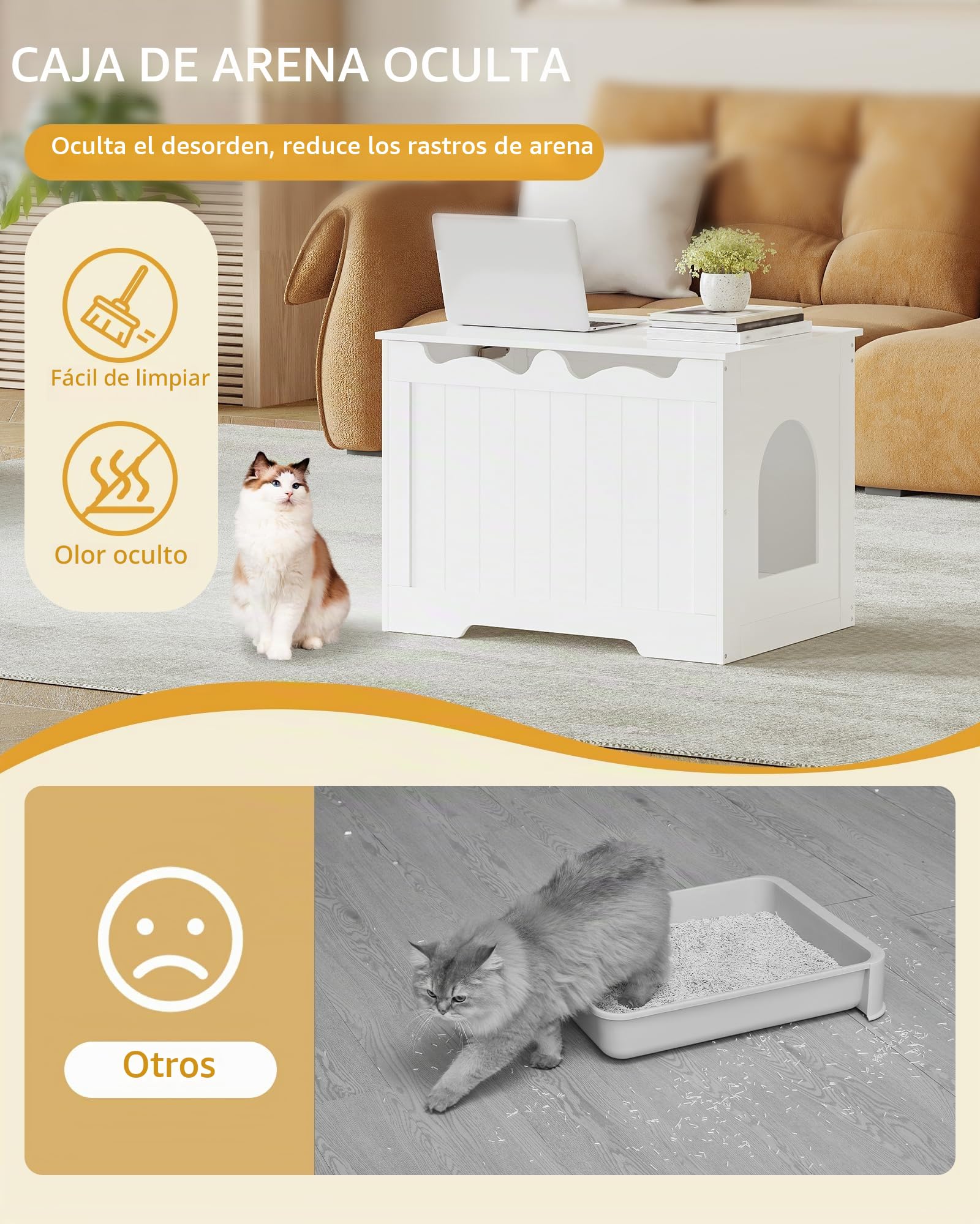 Hzuaneri Mueble Arenero Gatos, Armario para Caja de Arena, Mueble de Caja de Arena Oculta con Apertura Superior, Casa para Gatos de Interior, Banco Almacenaje, 70 x 50 x 53 cm, Blanco CB84803X