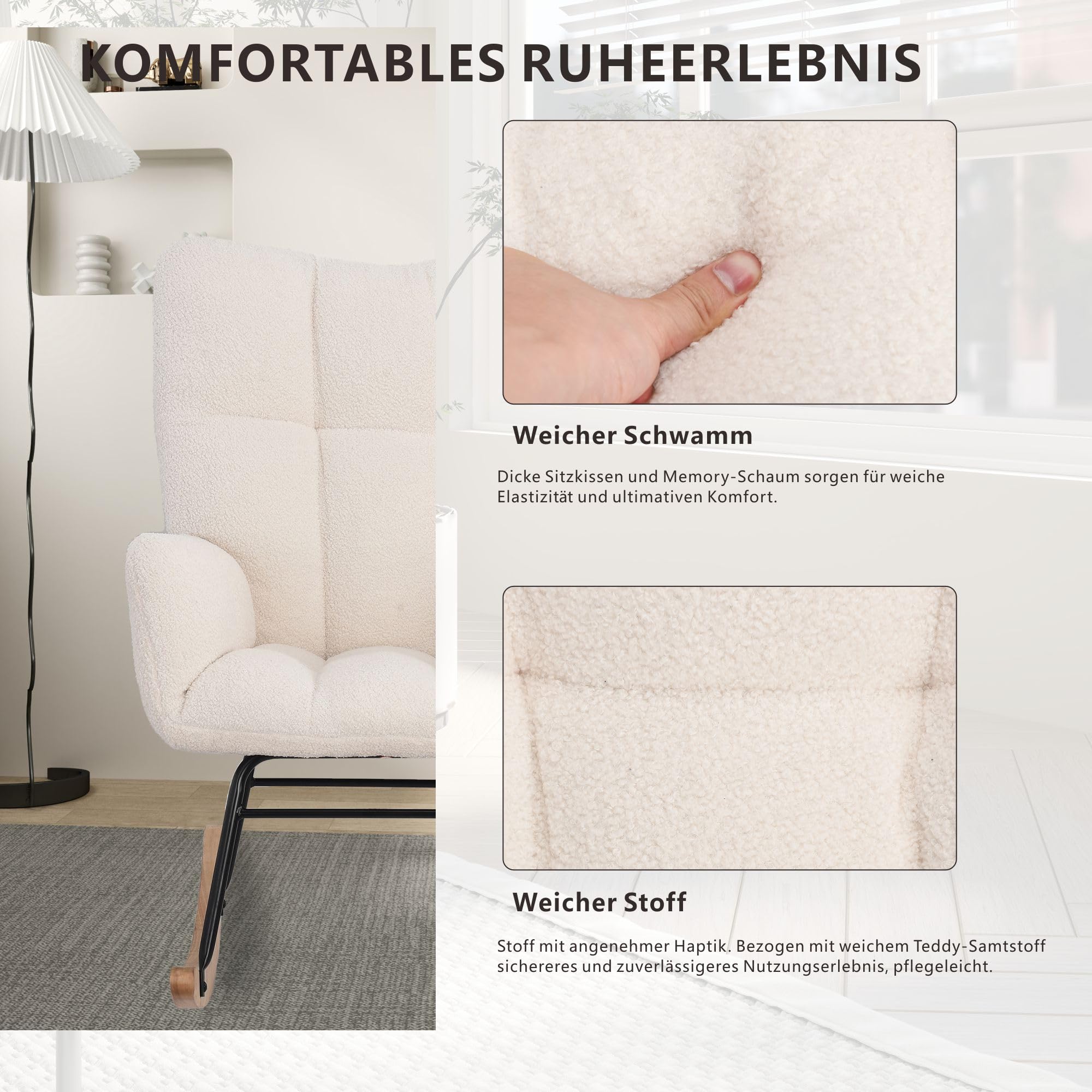Fotel bujany z podłokietnikami, pikowane krzesło bujane Rocking Chair Fotel bujany Sypialnia Ergonomiczne wyściełane krzesło Aksamitne tkaniny Fotele do salonu (Biały L, Aksamit)
