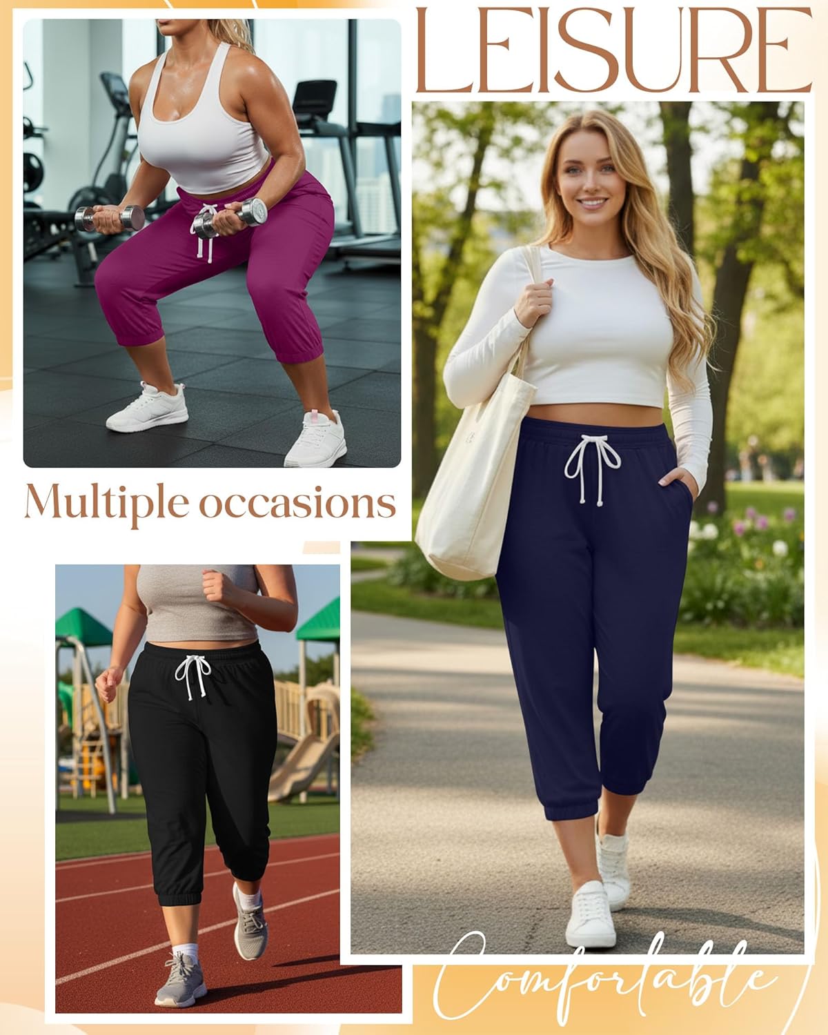 Ficerd 3 Pack Women's Plus Size Capri Sweatpants Cotton Drawstring Joggers Cropped Athletic Lounge Pants with Pockets - Image 2